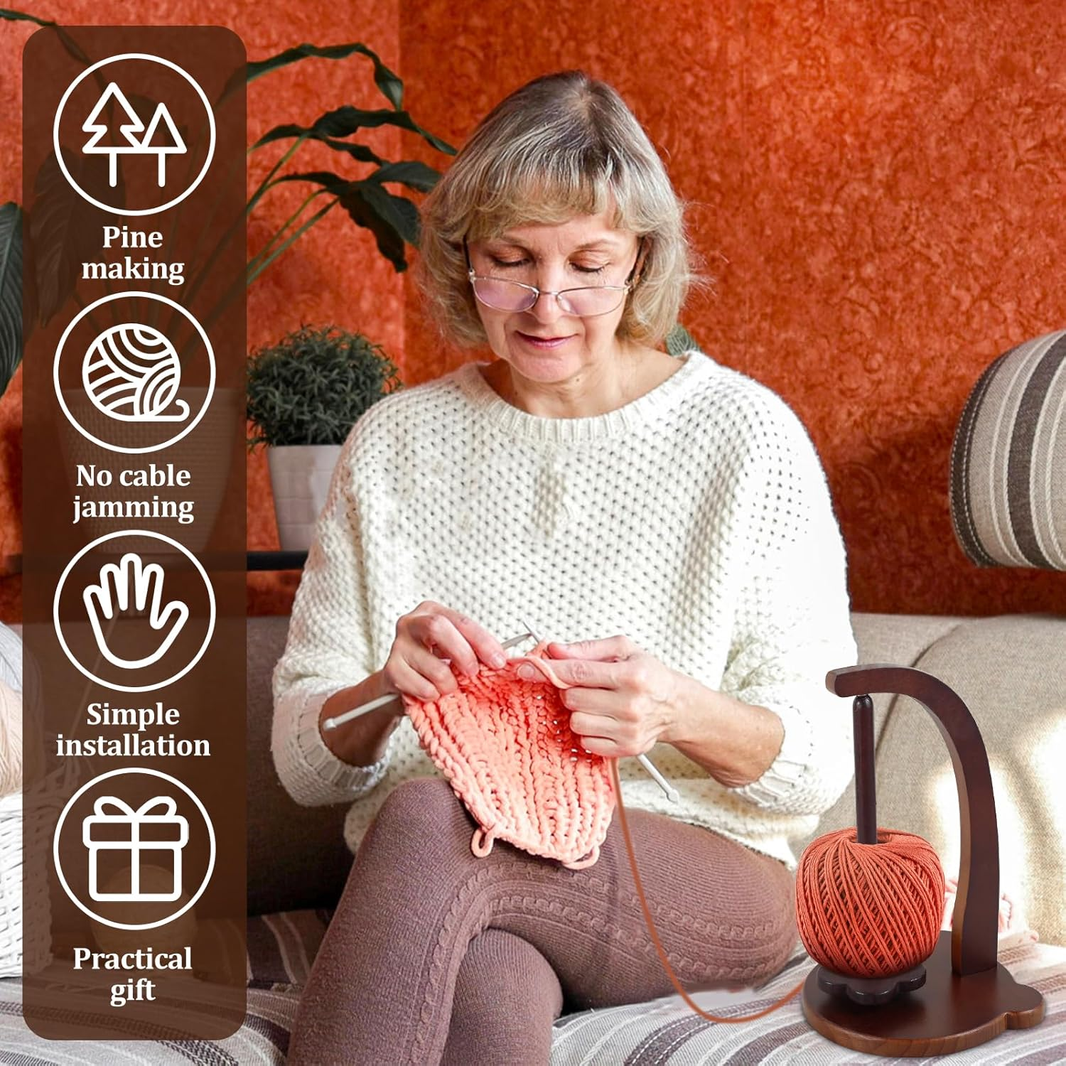 Wooden Yarn Spinner, Yarn Holder for Knitting and Crocheting, Sewing Spindle Thread Holder for Crochet Well, Girls, Women (Vintage Color) image number 4