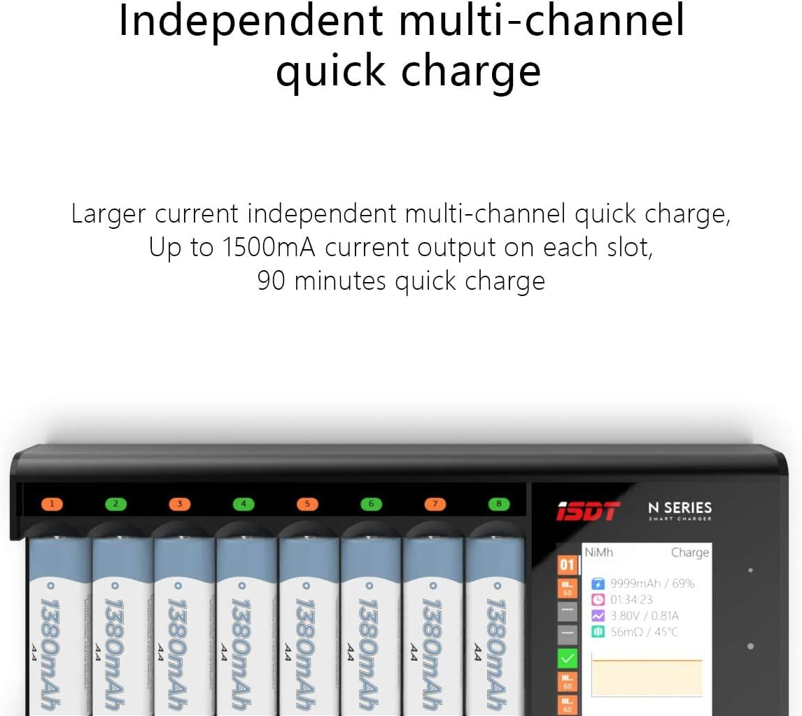 ISDT N8 Universal Battery Charger, LCD Digital Charger, 8-Slot Speedy Smart Battery Quick Charger for Rechargeable Batteries AA AAA Li-Lon Lihv NI-MH Ni-Cd Lifepo4 Discharge Protection Function image number 6