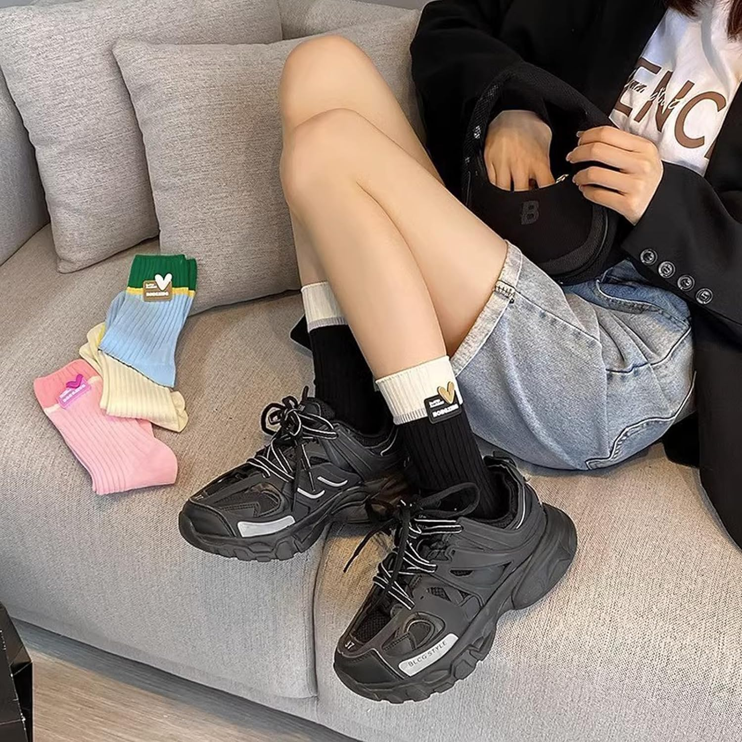 AWOCAN 4PCS Woman Socks Comfortable Casual Cotton Color Lightweight Breathable Crew Socks for Valentine'S Day/Party image number 5