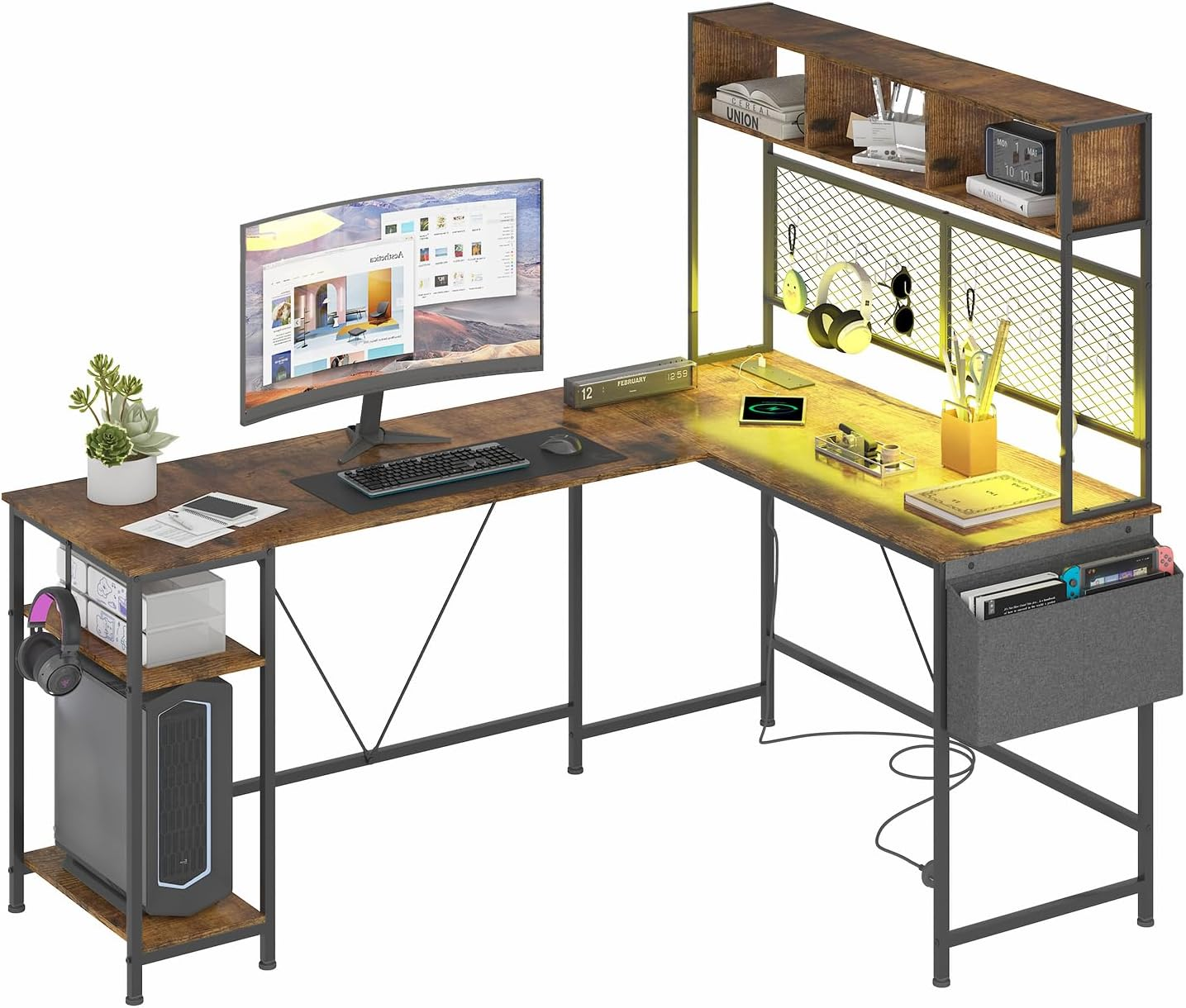 Advwin 170Cm L Shaped Gaming Desk with LED Lights & Power Outlets Reversible Computer Desk with Storage Shelf Corner Desk 2 Person Gaming Table with Pegboard and Storage Shelves White