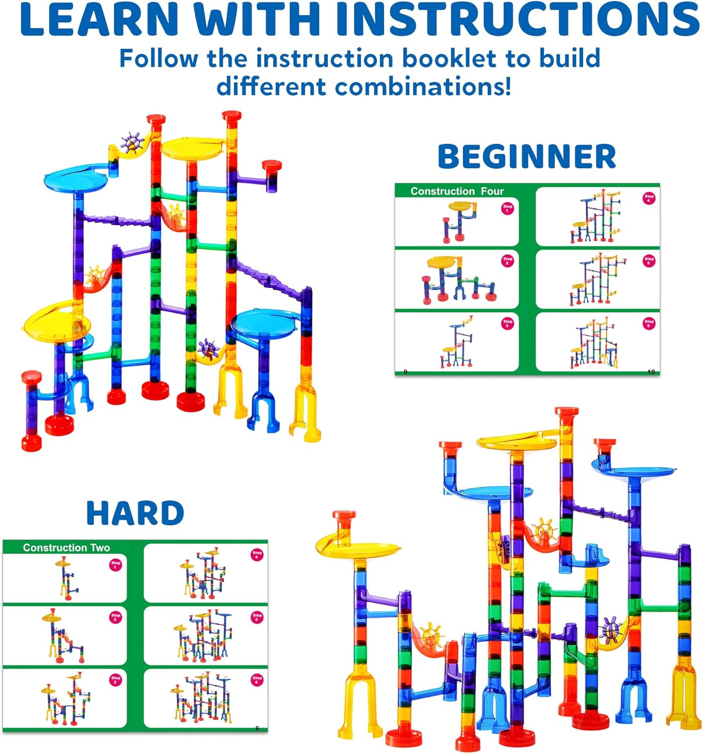 JOYIN 150Pcs Glowing Marble Run- Construction Building Blocks Toys with 5 Glow in the Dark Glass Marbles, STEM Educational Building Block Toy