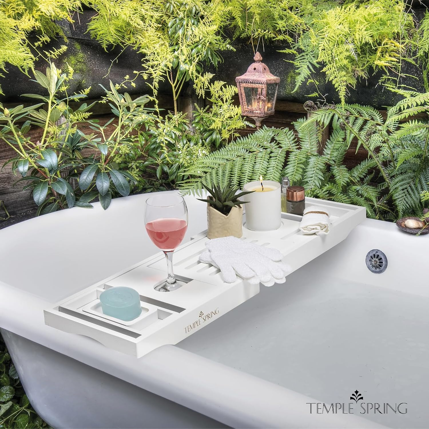 Temple Spring Wooden Bath Tray, Bath Shelf Bathroom Accessory, Home Spa Boards for Adults, Bathtub Caddy, Bamboo Bathroom Accessories Set, Extendable Bathtub Rack with Ipad & Phone Holder - White - Brown image number 3