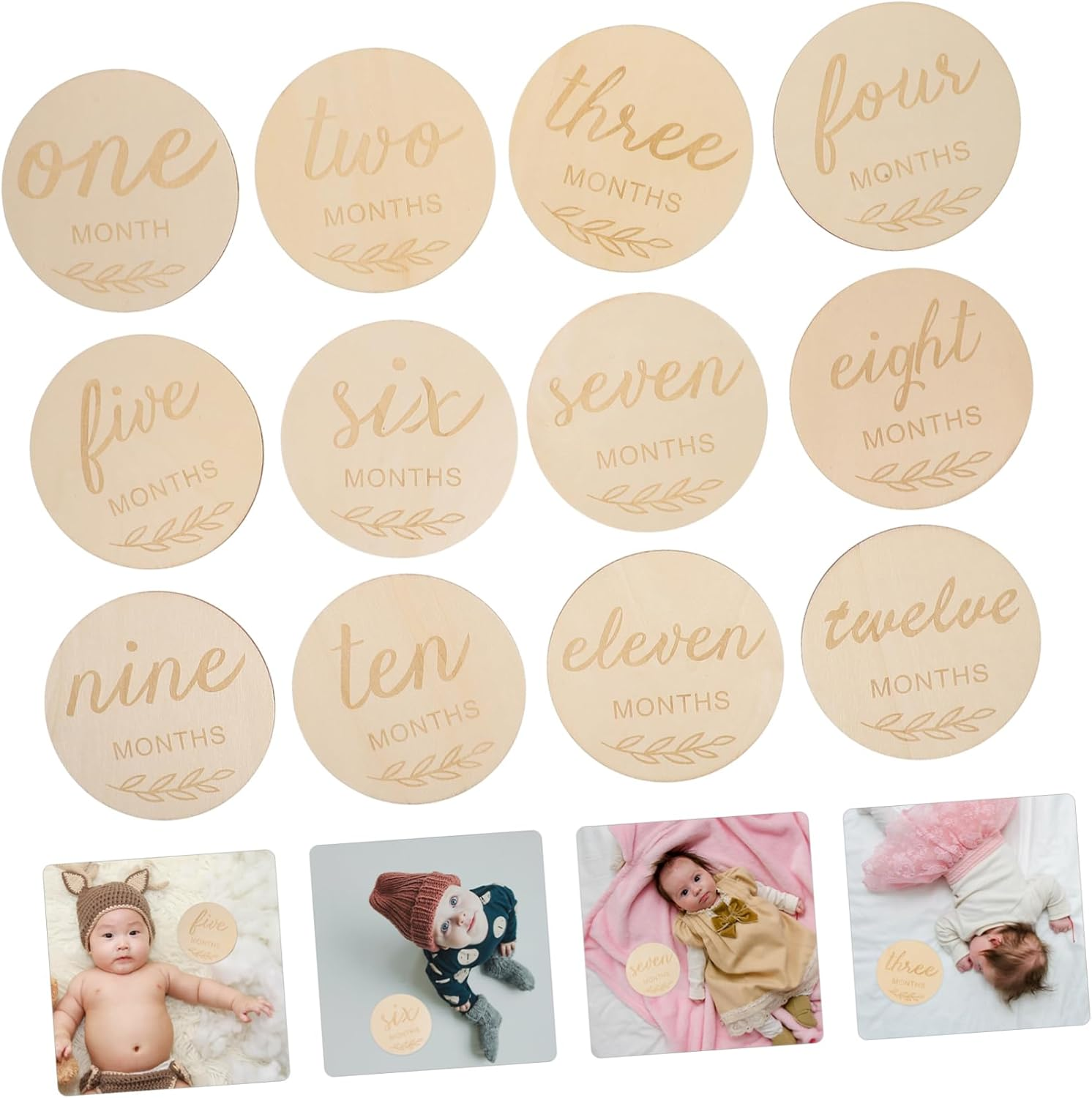 ULDIGI 12Pcs Wooden Milestone Cards Monthly Milestone Discs for Newborn Photo Props Natural Double Sided Design Parents for First Year image number 4