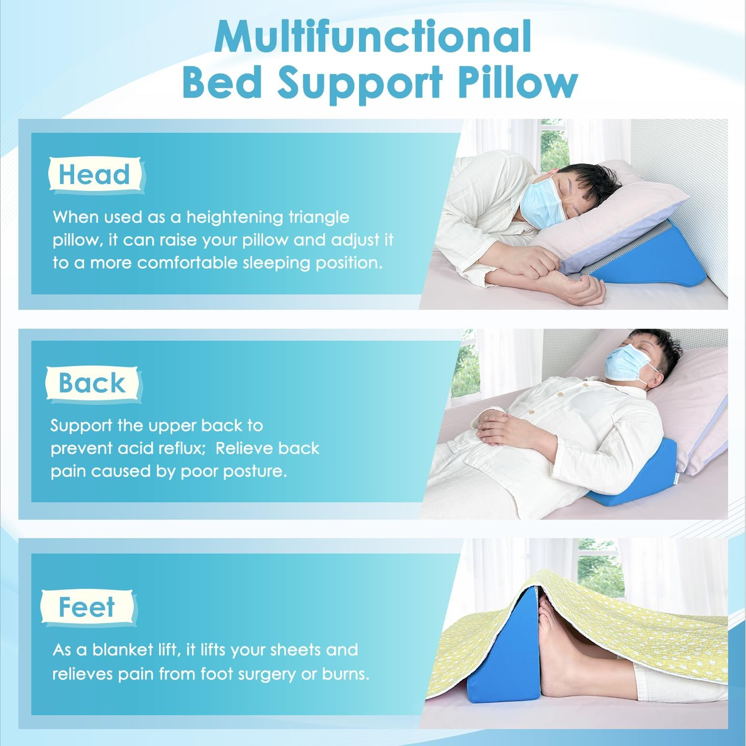 NEPPT Wedge Pillow Body Position Wedges Back Positioning Elevation Pillow Case Pregnancy Bedroom Eevated Body Alignment Ankle Support Pillow Leg Bolster (Blue)