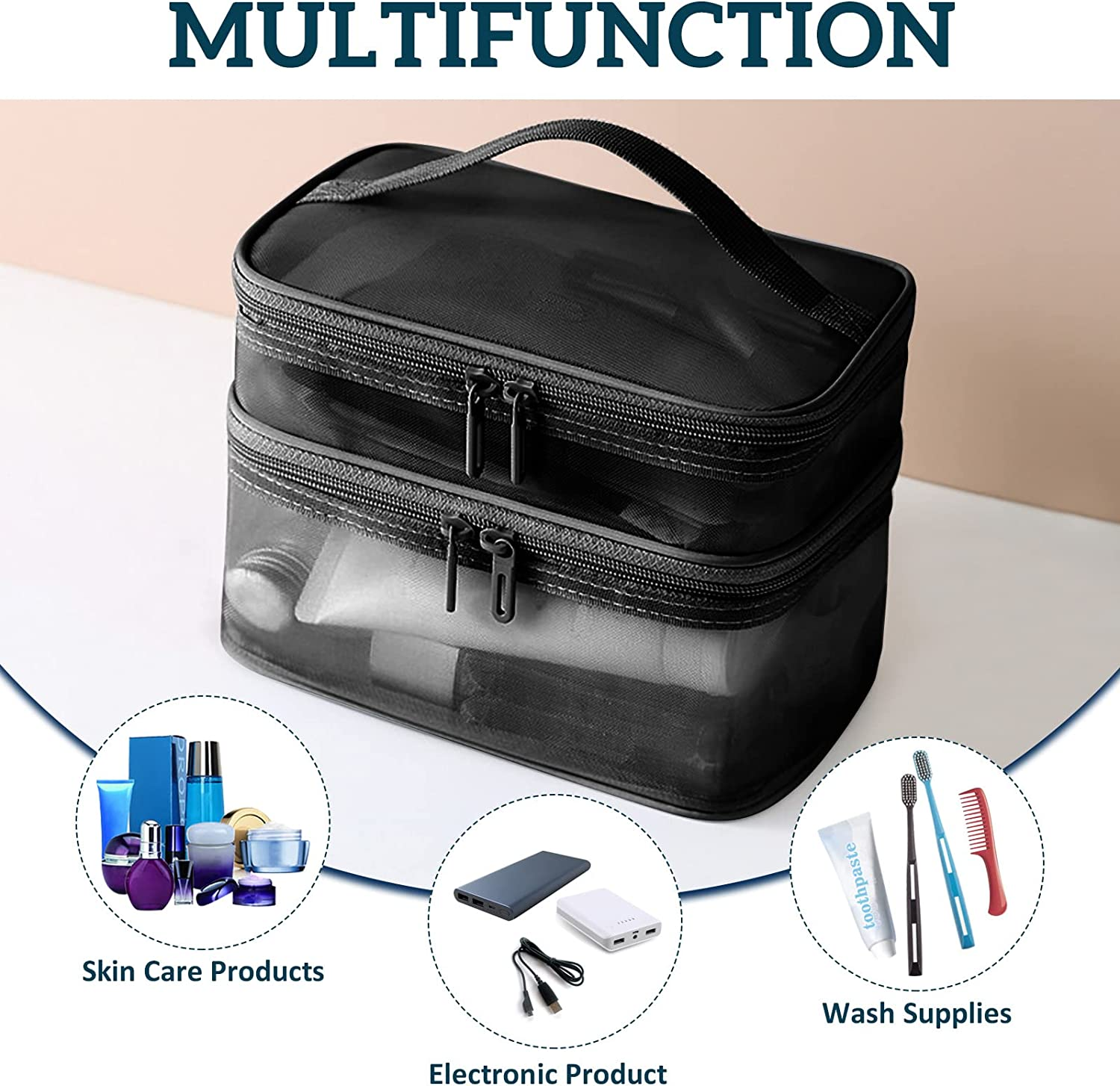 Double Layer Makeup Bag, Large Mesh Travel Cosmetic Pouch with Double Zipper, Vertical Make up Bag, Multifunctional Toiletry Bag for Makeup Brushes (Black) image number 6