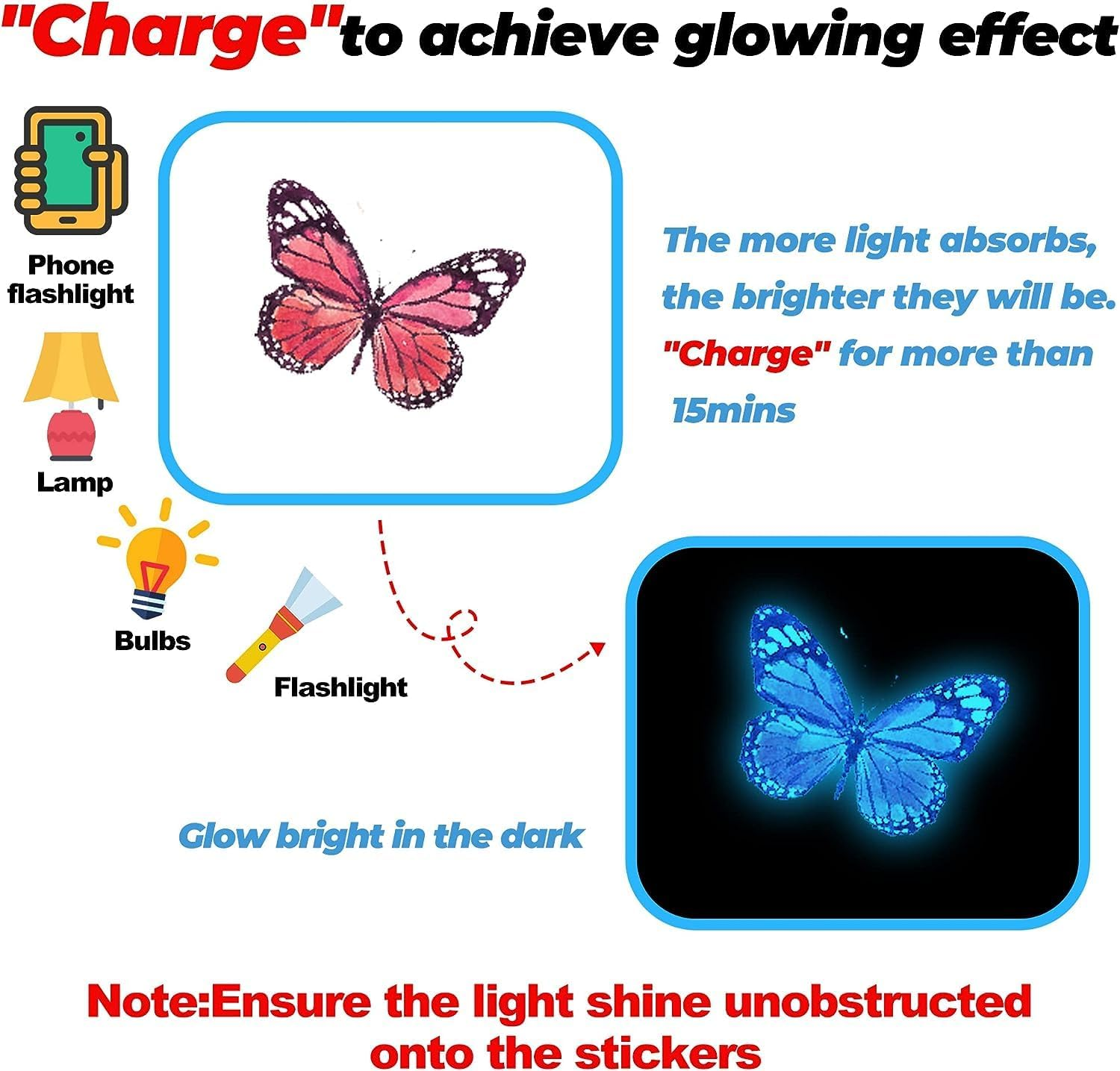 Glow Butterfly Wall Decor Stickers, 58Pcs Luminous Butterfly Wall Decals, Colorful Wall Art, DIY Glow in the Dark Wall Decals for Kids, Girls Bedroom, Bathroom Decorations (Sky Blue) image number 4