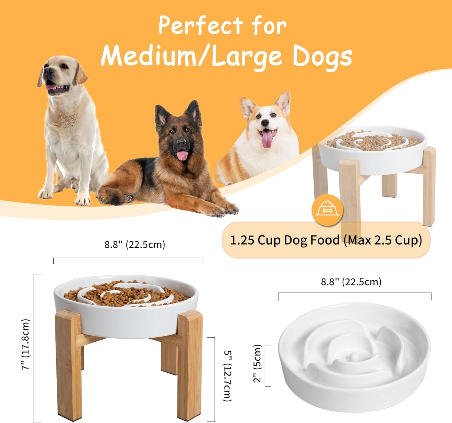 Elevated Slow Feeder Dog Bowl - Ceramic Food Dish with Bamboo Stand - Raised Maze Design - Ideal for Medium to Large Dogs - White - 8.8 Inch image number 6