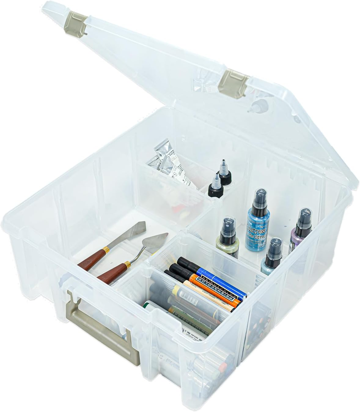 Artbin 6990SO Super Satchel Double Deep with Removable Dividers &ndash; Large Portable Art and Craft Storage, Translucent with Gold Carrying Handle and Snap-Tight Latches, Clear & Gold image number 4