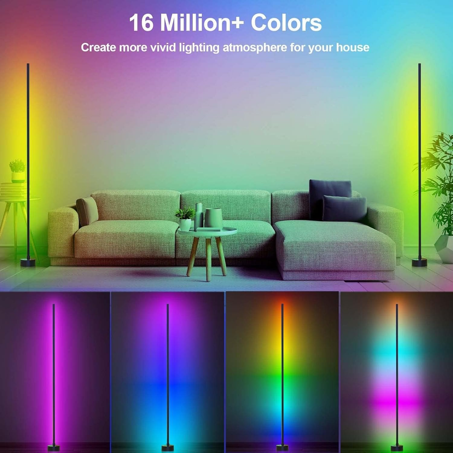 Corner Floor Lamp, 2 Pack LED Corner Lamp, Smart RGB Floor Lamp with 16 Million DIY Colors & 68+ Scene, Music Sync for Living Room, Bedroom, Gaming Room