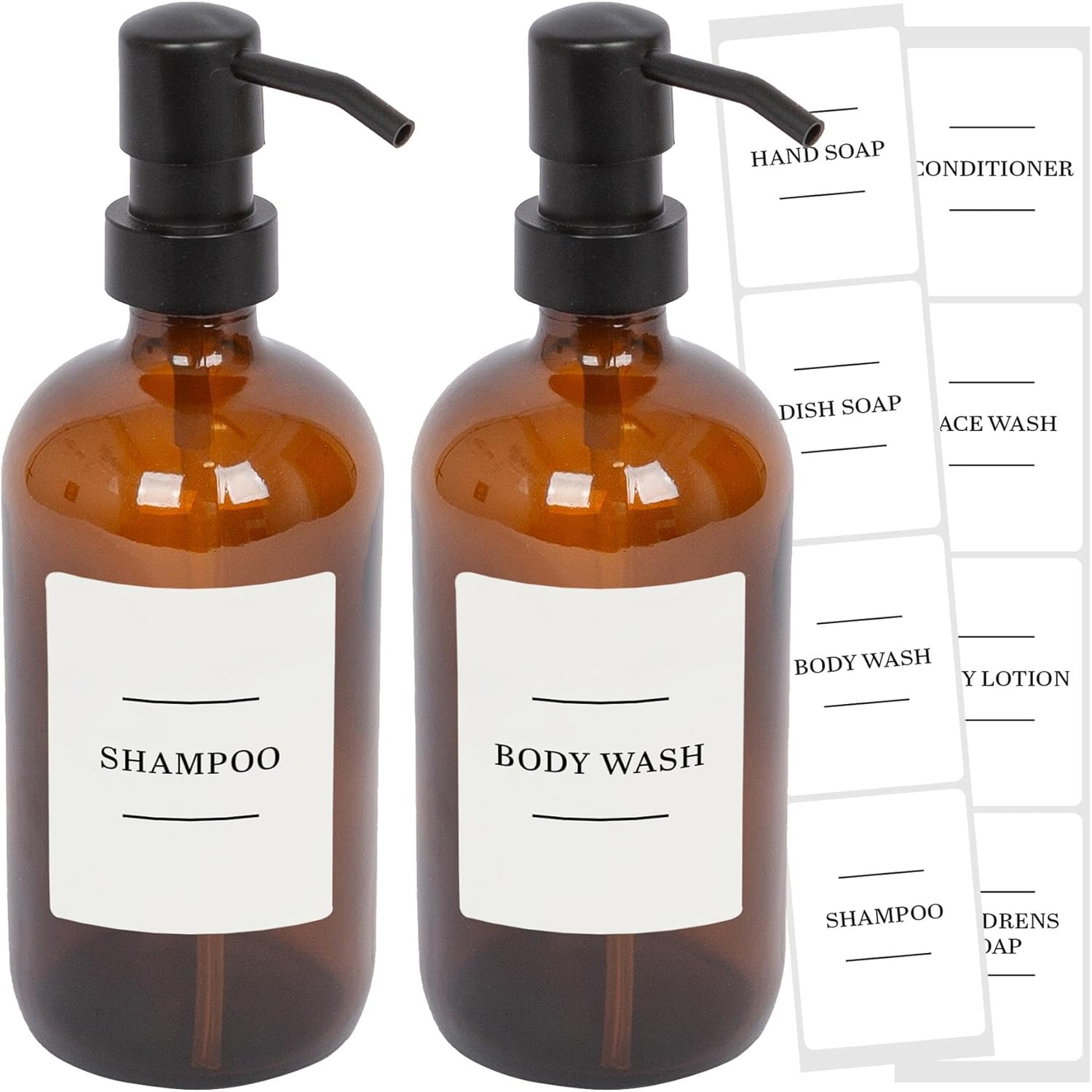 Harbour Housewares Glass Soap Dispensers with Labels - Amber/White - 2 Pack - 500Ml Refillable Soap Dispensers Hand and Dish Liquid Pump for Bathroom, Kitchen, Laundry Room