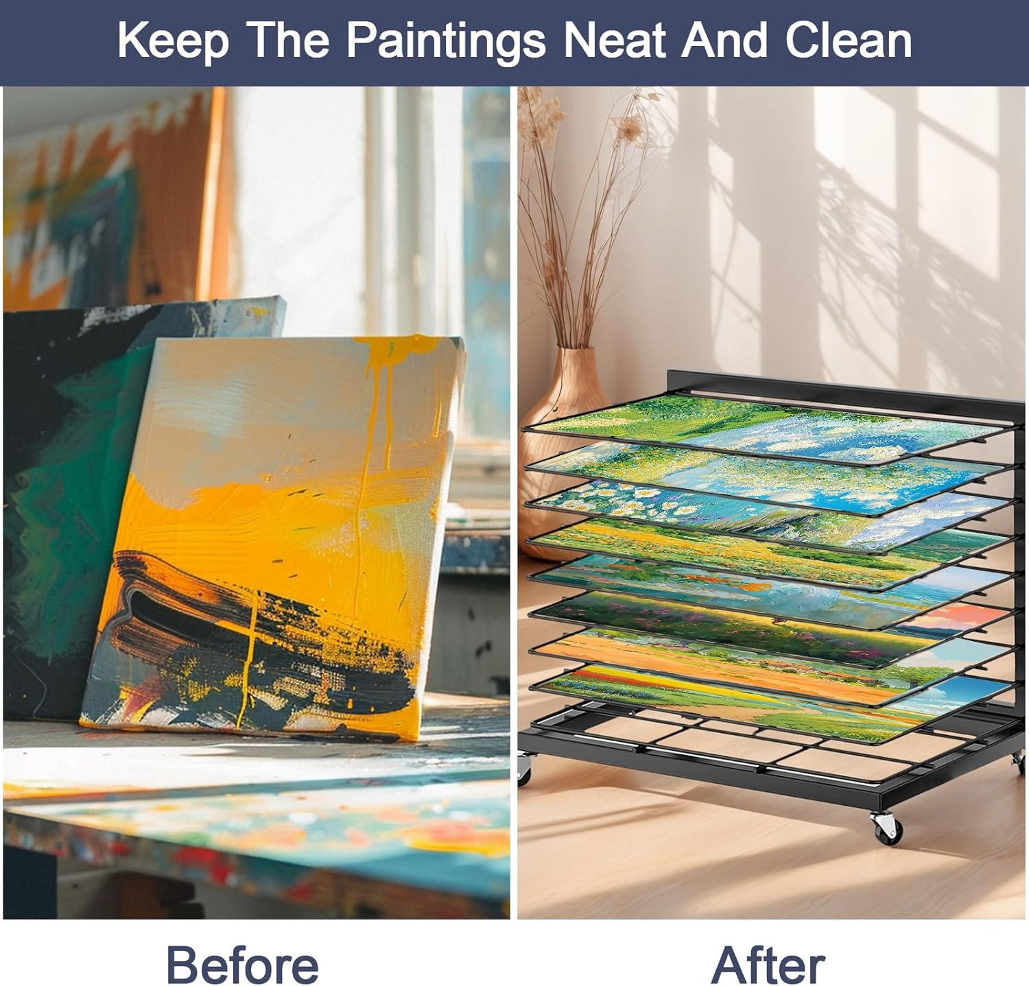 HOOMFIT Portable Art Storage Rack,Painting Drying Rack, 9 Removable Shelves Art Drying Rack with Lockable Wheels image number 5