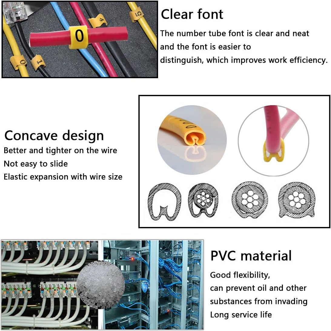 10 Rolls of 0-9 Number Tube,Yellow Flexible PVC Concave Cable Wire Markers Label Tag (6Mm2) image number 1