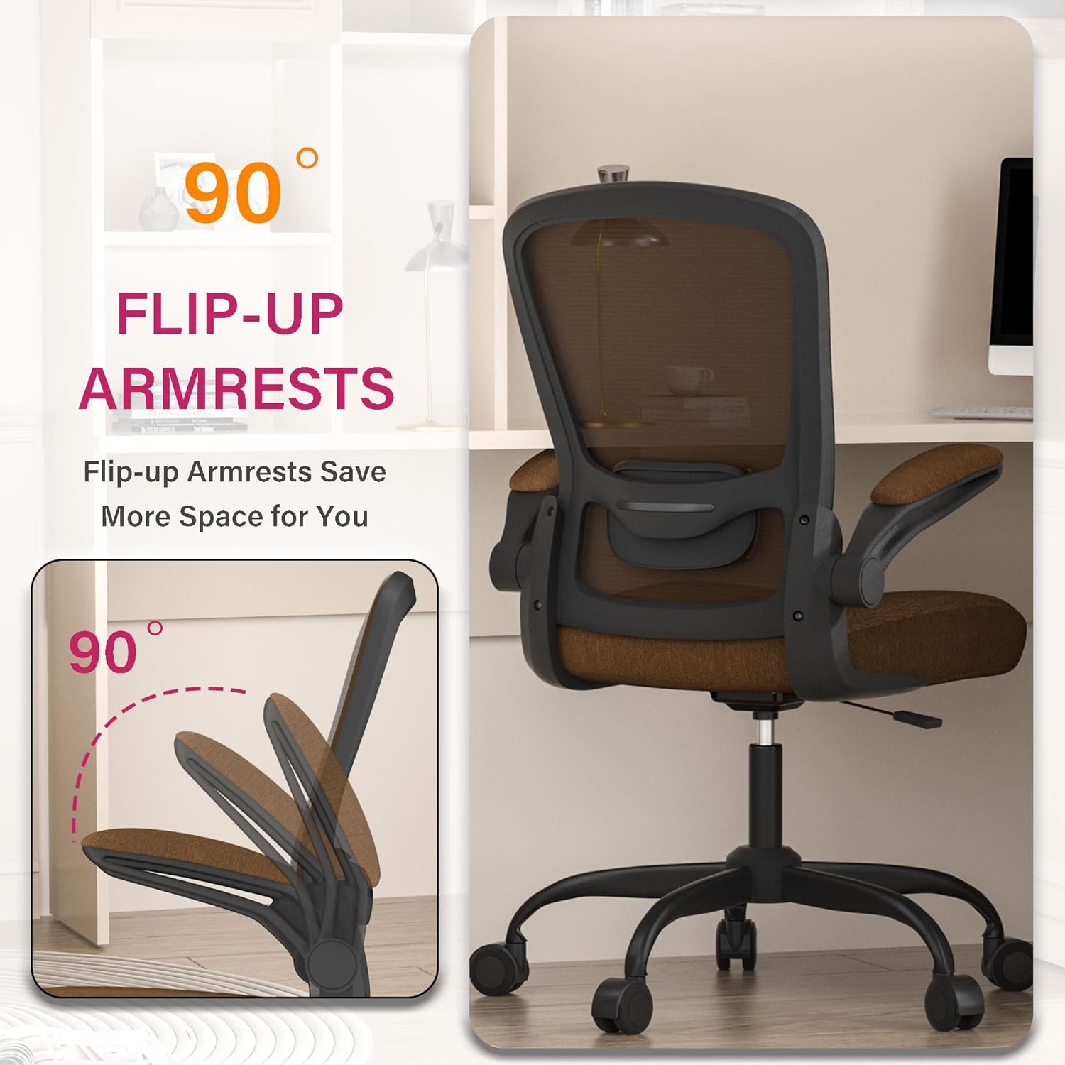 Office Chair, Ergonomic Desk Chair with Adjustable Lumbar Support, High Back Mesh Computer Chair with Flip-Up Armrests-Bifma Passed Task Chairs (Modern, Caramel) - Carmine Roses image number 2