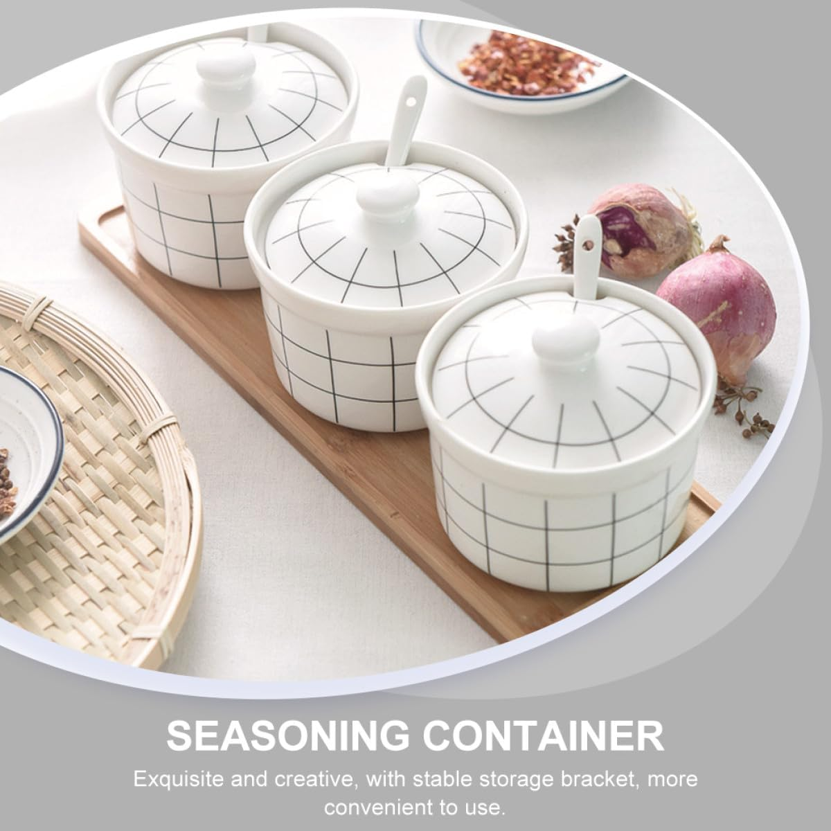 Happyyami Ceramic Salt Jar Spice Storage Jars Condiment Box Set with 3 Spoons Bamboo Lid Kitchen Seasoning Canisters for Home Cooking and Dining image number 3