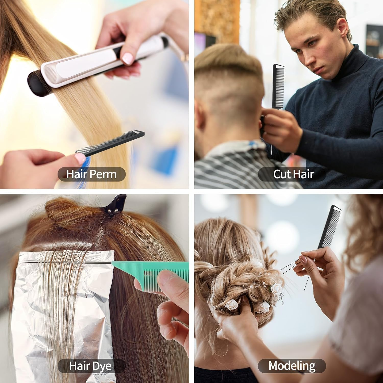 Rat Tail Parting Fine Tooth Comb, 8Pcs Metal Rat Tail Fine Tooth Parting Combs with Stainless Steel Pintail,Stainless Steel Pintail and Heat Resistant Carbon Fiber Teasing Parting Hair Comb for Women image number 4