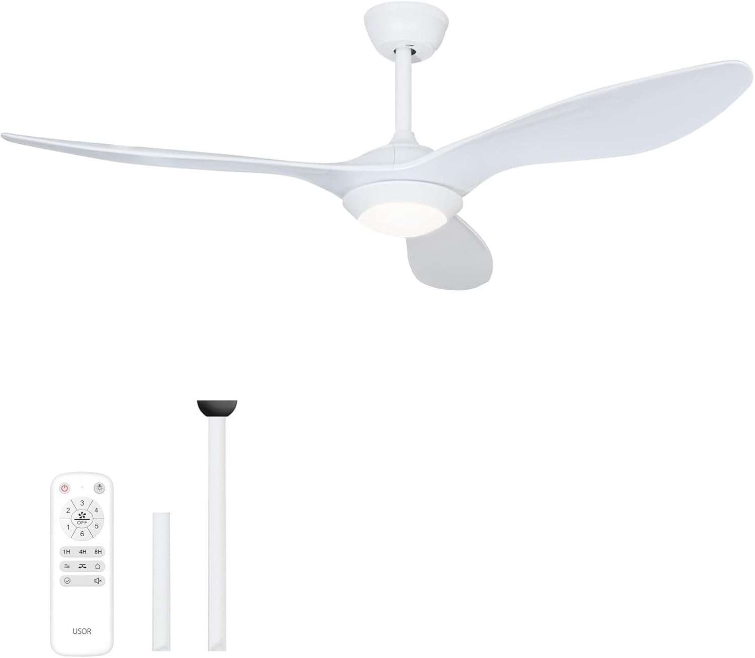 USOR 52Inch Ceiling Fan with Lights Remote Control, Pure White, Silent Motor for Bedroom,Living Room, Office, Basement, Kitchen, Dining Room 3 Blades image number 2