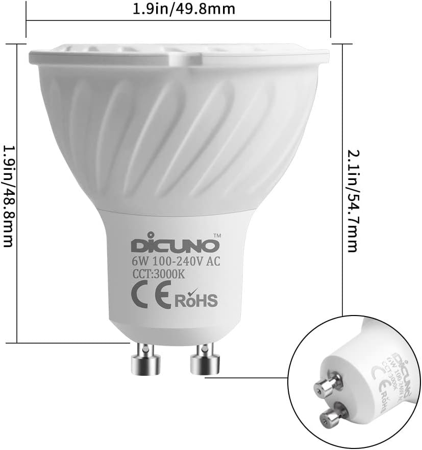 Dicuno GU10 LED Bulb, 6W 600LM, 60W Halogen Equivalent, Warm White 3000K, MR16 Spotlight Bulbs, AC100-240V, Non-Dimmable, Energy Saving, 6-Pack image number 5