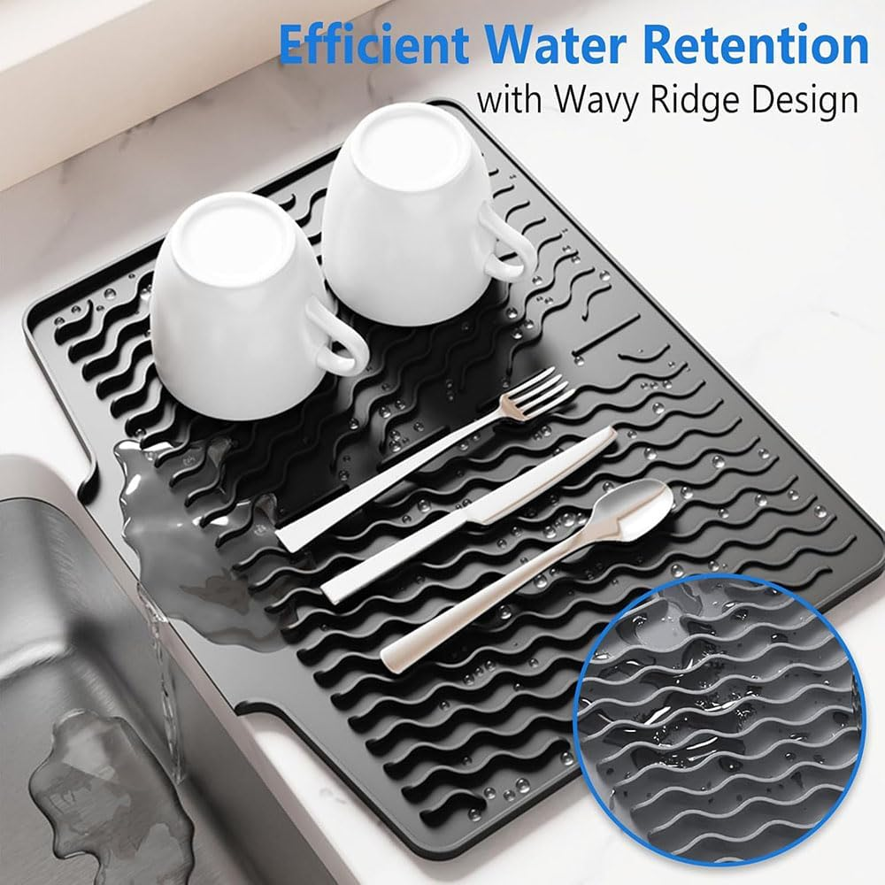 Large Silicone Dish Drying Mat with Self Draining Design and Wavy Groove Pattern Extra Thick, Non Slip Kitchen Counter Mat for Plates, Bowls, Utensils, Odorless, Easy to Clean (40*33Cm) image number 6