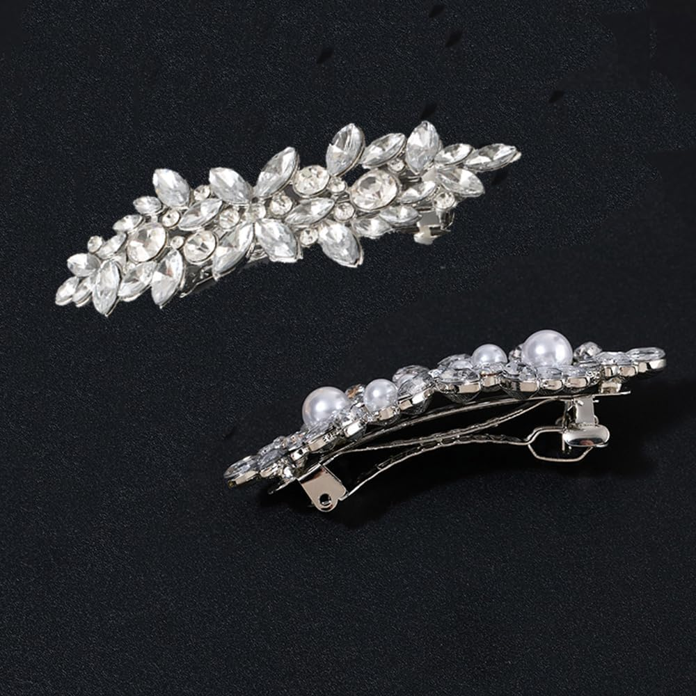 2Pcs Rhinestone Hair Clips, Betterjonny Crystal Pearl Hair Barrettes Flower Sparkle Hairpins French Wedding Prom Hair Clip Barrettes for Women Girls Bridal image number 5