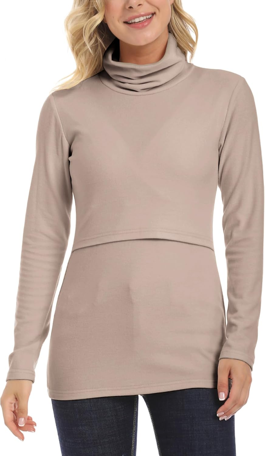 KEOYA Women'S High Neck Maternity Sweatshirt Nursing Top Shirt for Breastfeeding Solid Long Sleeve Undershirt image number 1