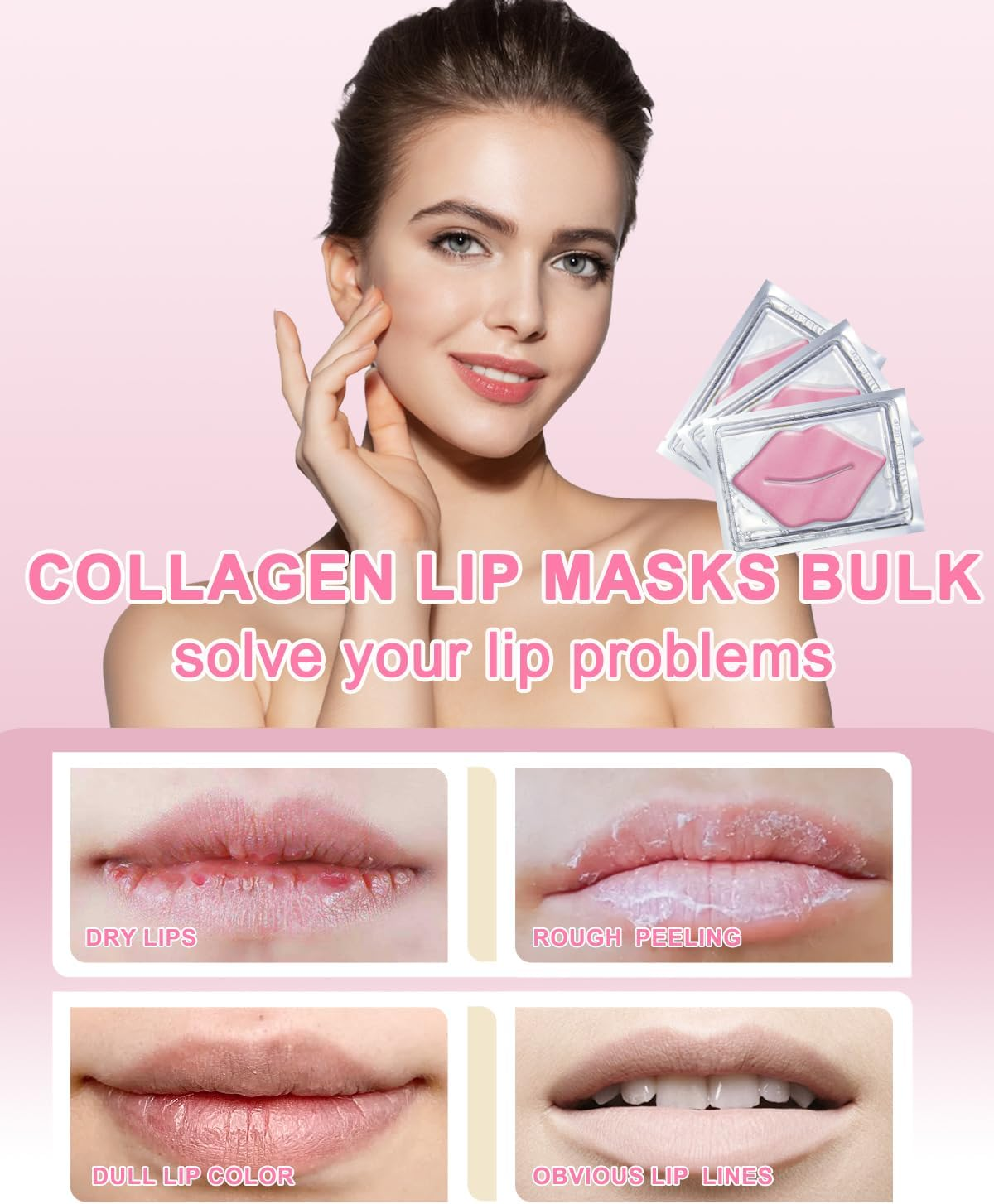 Bukamkom Collagen Lip Mask 20 Pieces,Which Can Provide Long-Lasting Nourishment,Moisturization,And Improve Wrinkles,Overnight Pink Lip Mask Individually Wrapped
