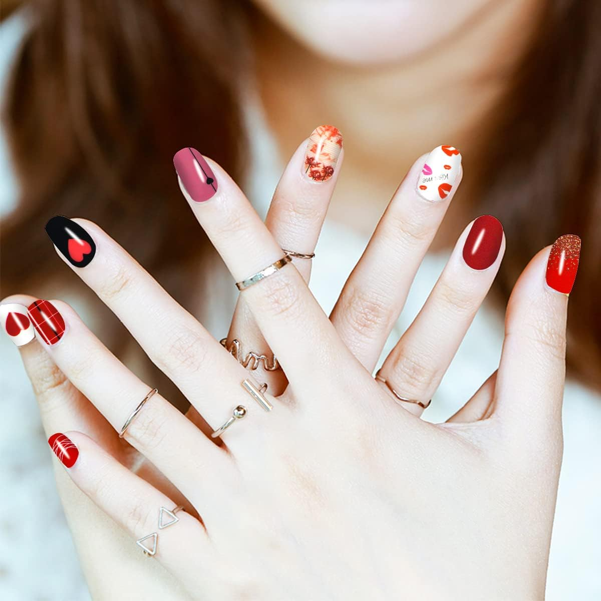 JERCLITY 12 Sheets Red Series Valentine'S Love Heart Nail Stickers Full Nail Wraps Real Nail Polish Strips for Women Nails Art with Nail File Nail Strips Gel Stickers for Nails image number 3