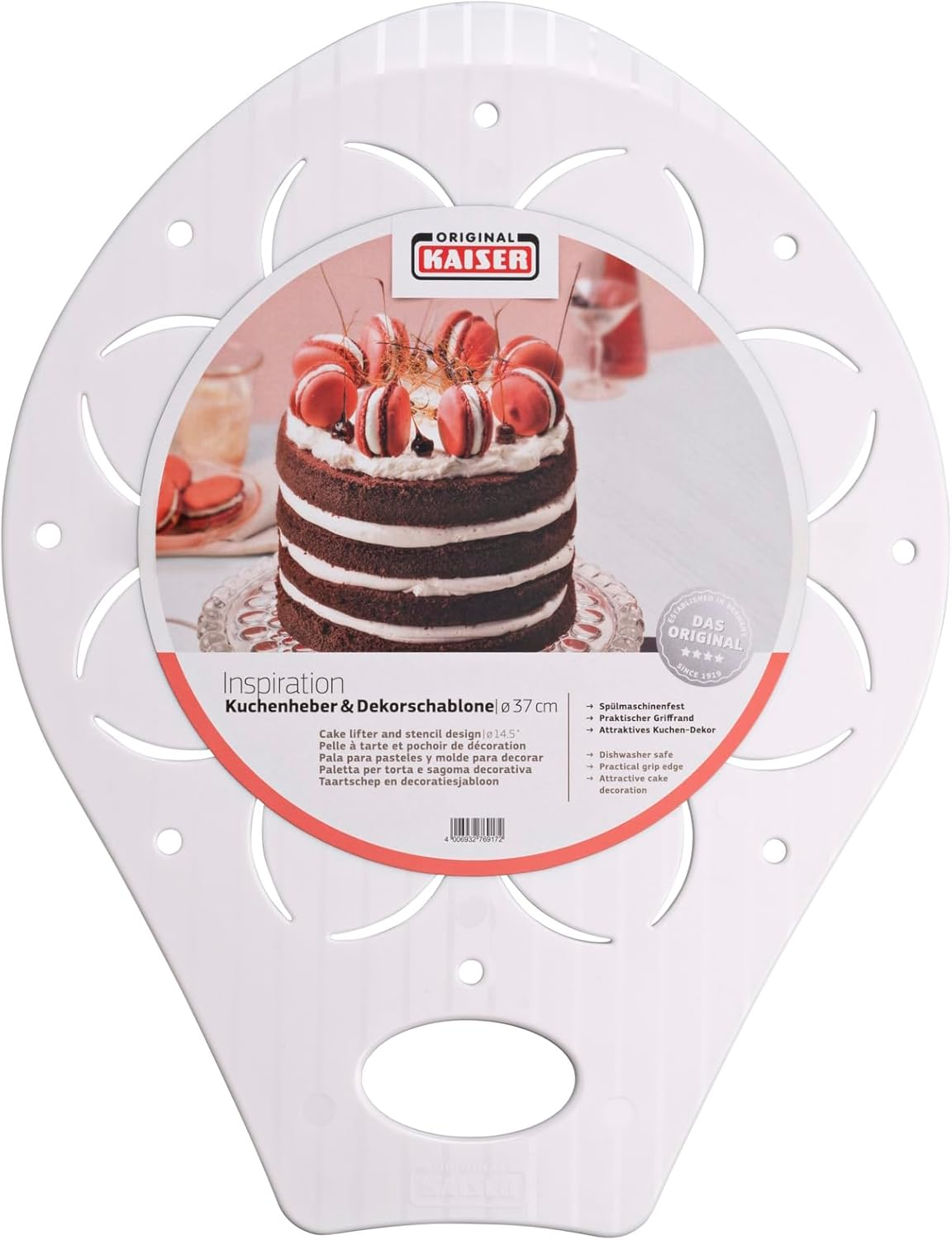 Original Kaiser Classic Cake Server Plastic 37 Cm, Decorative Stencil with Hanging Eyelet, Cake Saver, Cake Server with Flattened Edge, Attractive Cake Decoration, White