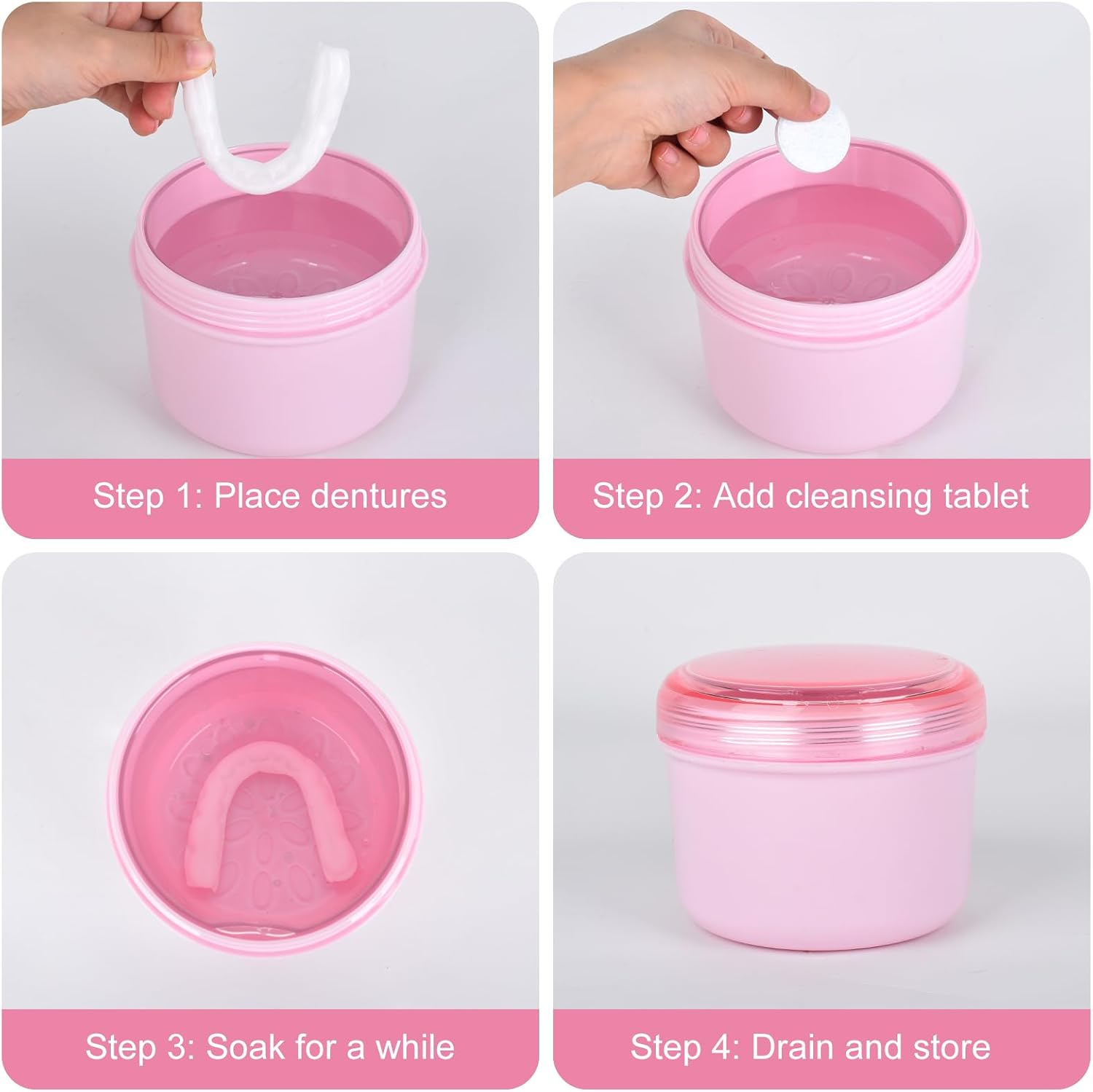 DIDATOOL Denture Bath Case, No-Leak Denture Cup, Large Capacity Denture Box, Portable Storage for All Types of Dentures Orthodontic Appliances, Perfect for Traveling and Daily Use - Transparent Pink image number 5