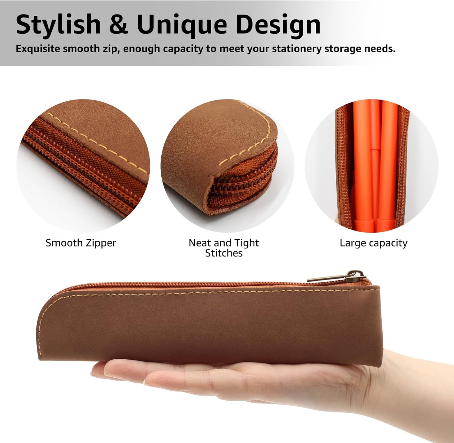 1 Pcs Pen Holder Pouch Stationery Bag Portable Organizer Compact Premium Faux Leather Storage for Business Adults - Brown image number 3