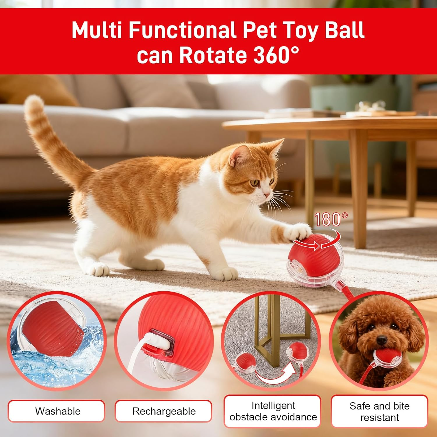 Jeyzuroa Interactive Cat Toy Ball for Indoor Cats, Automatic Moving Cat Toy with Bird Sound, USB-C Rechargeable (Red)