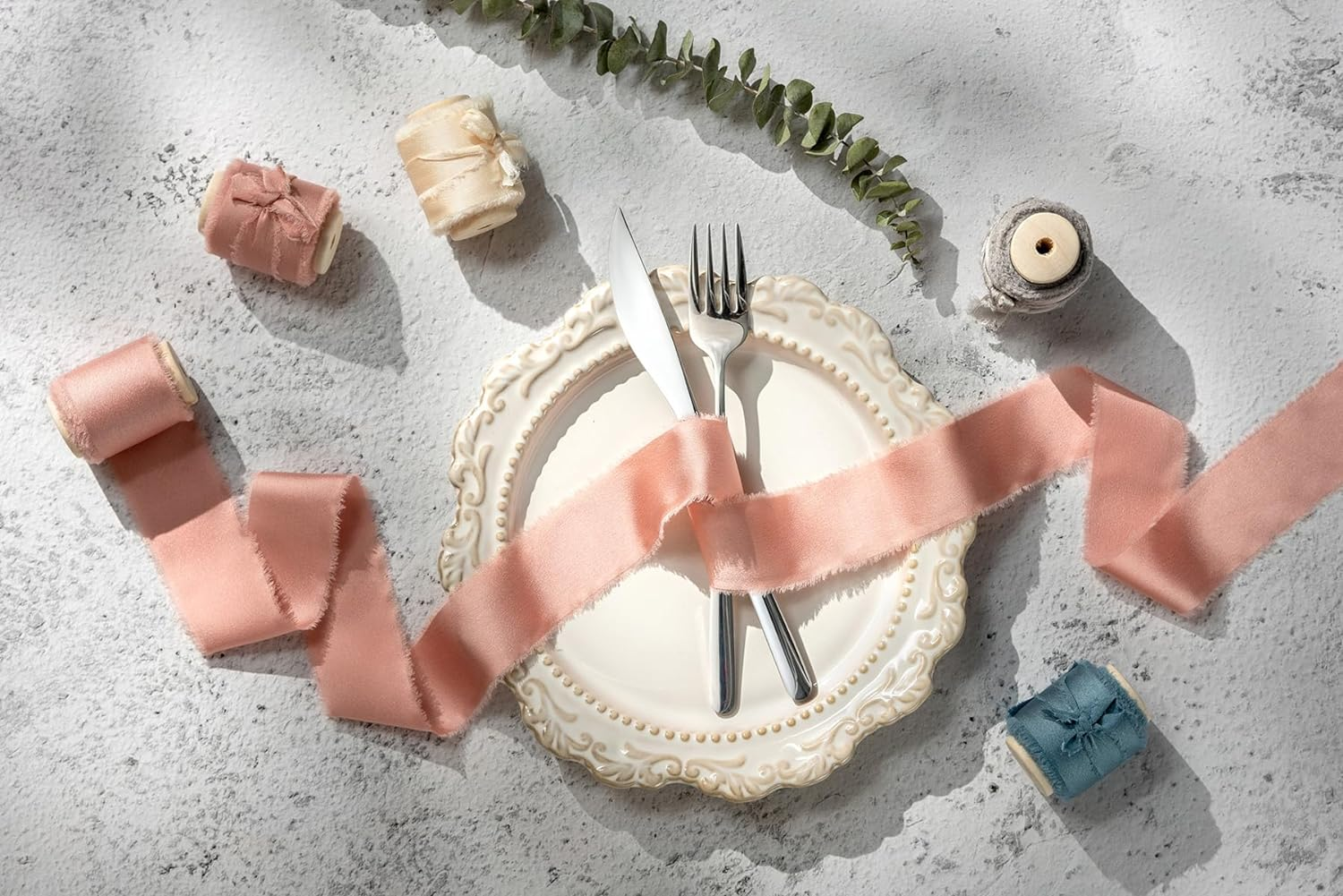 AOKSUNOVA Champagne Ribbon 3.8Cm Silk Satin Ribbon with Wooden Spool Handmade Frayed Ribbons for Gift Wrapping Flower Bouquet