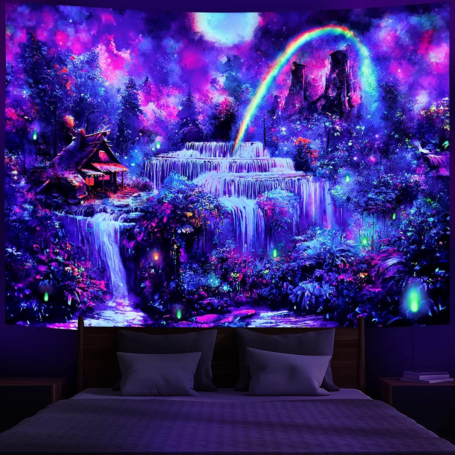 Wonrizon Blacklight Fantasy Forest Tapestry, Waterfall Rainbow Misty Jungle Plants Tapestries UV Reactive Wall Hanging Glow in the Dark Nature Landscape Decor for Bedroom Living Room (Waterfall
