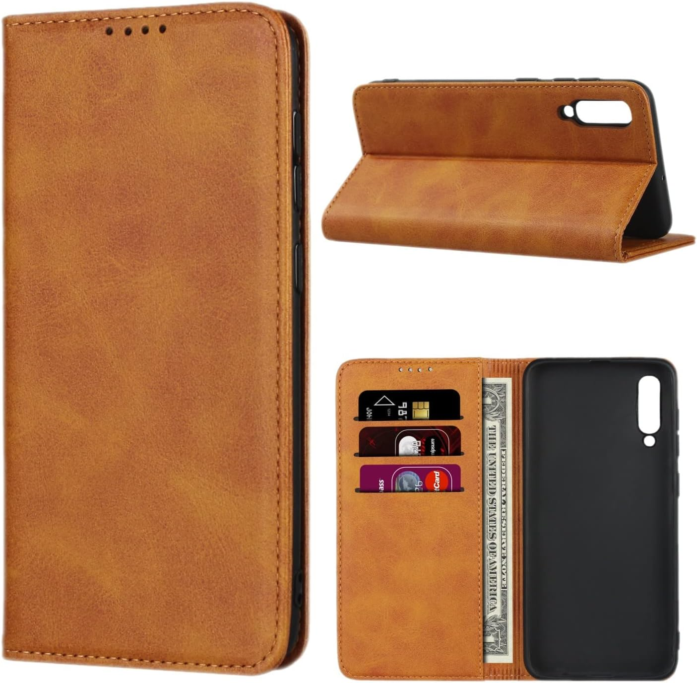 Cavor for Samsung Galaxy A50 Case Cowhide Pattern PU Leather Cases Flip Magnetic Kickstand Book Wallet Cover Phone Case with Card Slots(6.4") -Light Brown