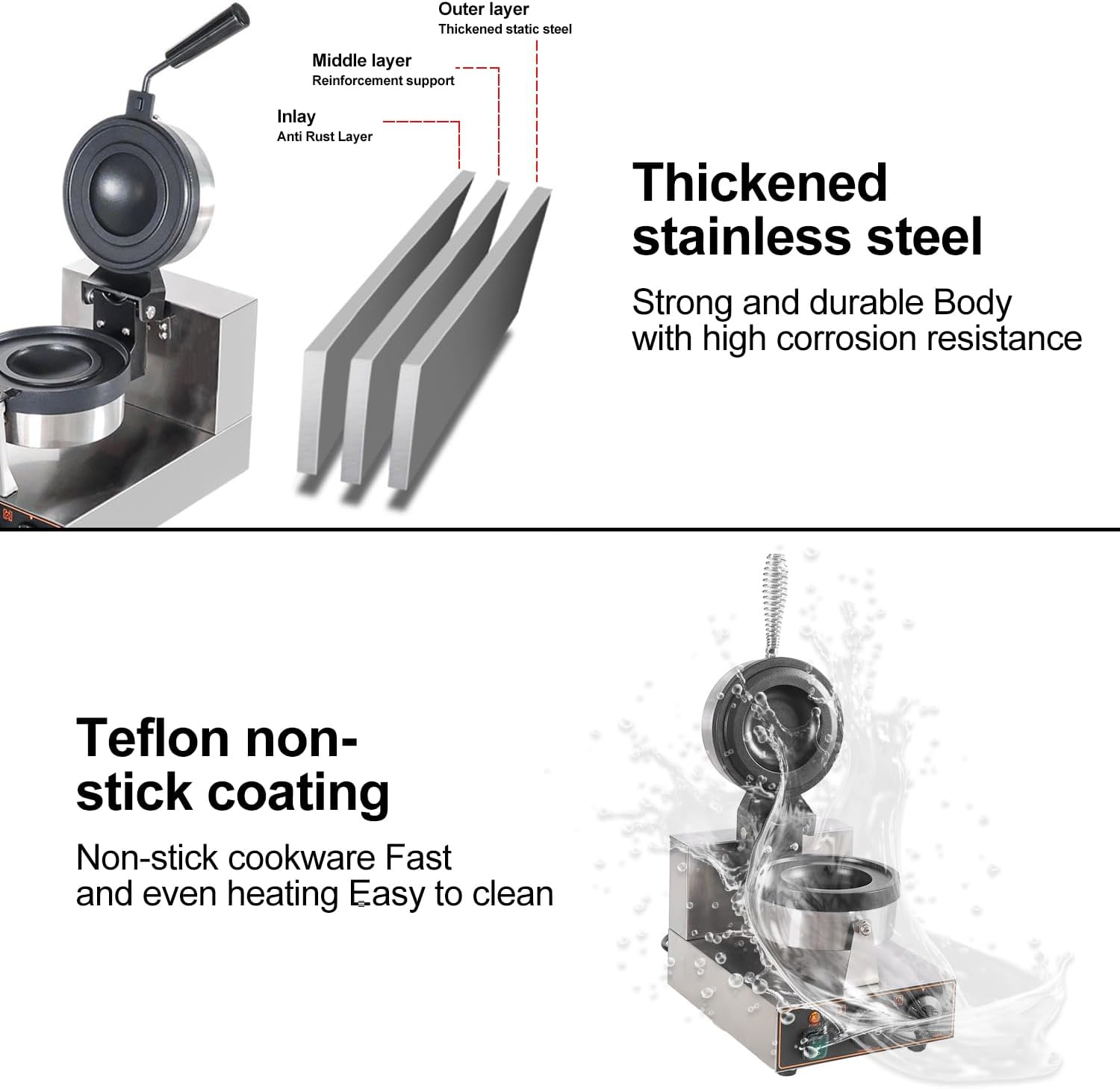 Zertylre Burger Waffle Maker, Non Stick Electric Panini Press Machine, Electric Heating Single Head Ice Cream Burger Machine, Double-Sided Heating, 50-300℃, 5 Minutes Timer (A Style) - A Style image number 3