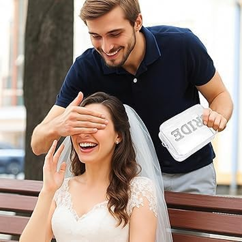 Clear Bride Makeup Bag for Women Bridesmaid Engagement Gift, Pearl Rhinestone Letter Patch Bride Pouch Gifts for Bachelorette Party Wedding Bridal Shower... (Clear, 1PC) image number 3