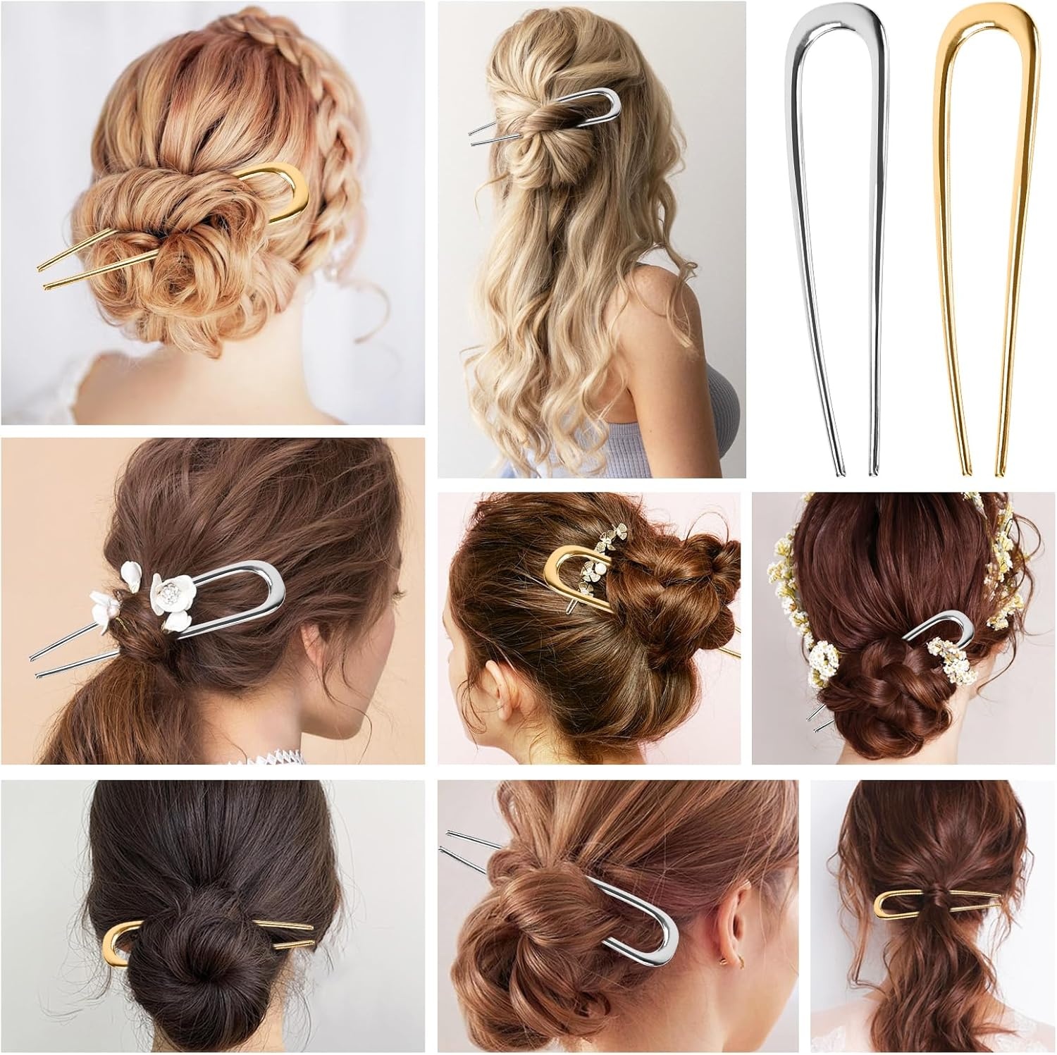 Pack of 2 U-Shaped Hair Pins, French Hair Pins, Large, U-Shaped French Hair Pin Made of Metal, Hair Bow, Hair Fork, Hair Sticks, Hair Accessories for All Hair Types of Women and Girls (Gold, Silver) image number 3
