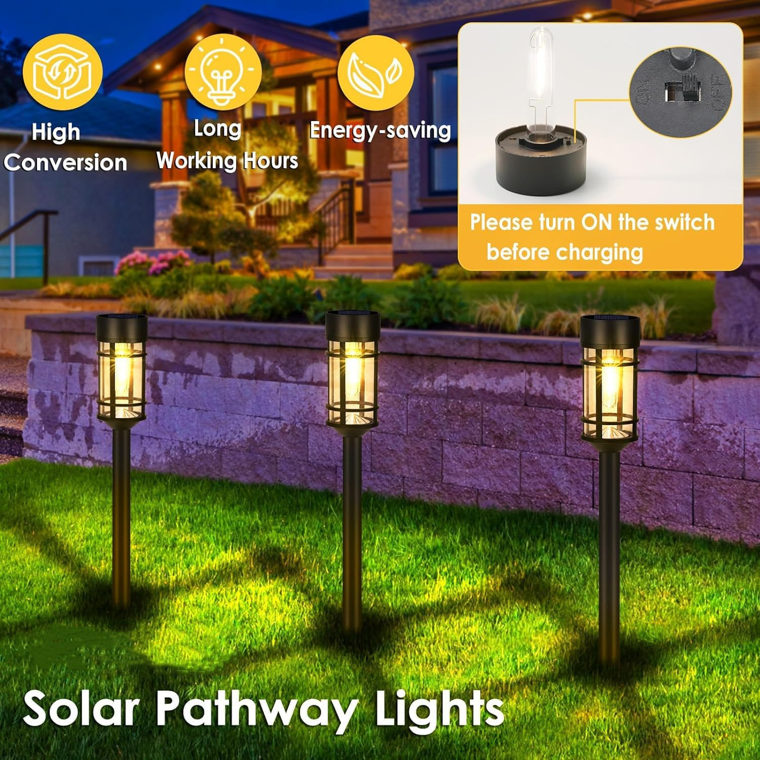 Solar Pathway Lights 8 Pack, LED Solar Lights Outdoor Waterproof IP65, Glass Solar Garden Lights Landscape Lighting for Yard Lawn Walkway Driveway(Black) image number 5