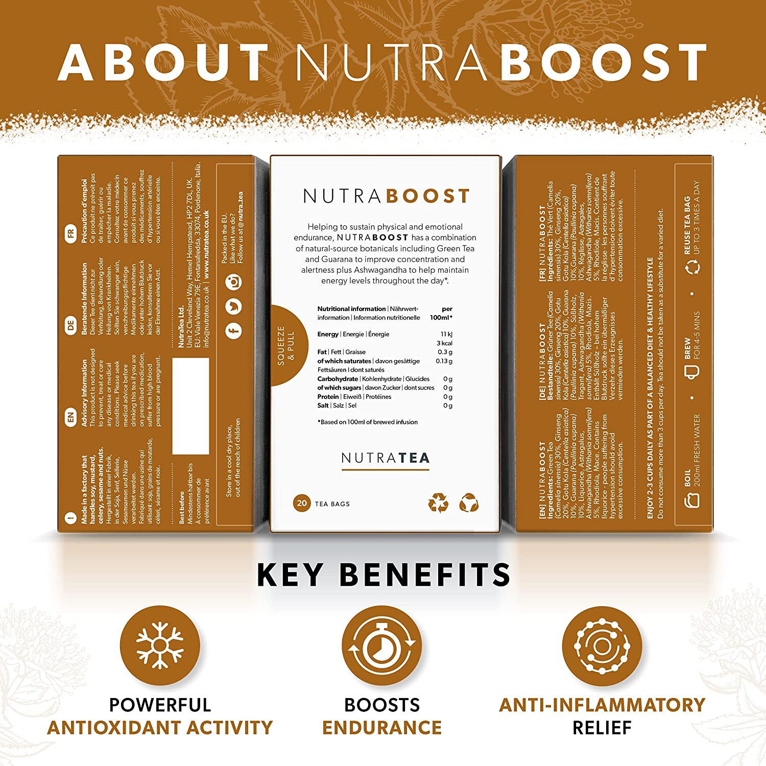 NUTRABOOST - Energy Tea | Herbal Energy Boost Tea - Help with Tiredness and Fatigue - Includes Green Tea, Ginseng & Ashwagandha - 40 Enveloped Tea Bags - by Nutra Tea - Herbal Tea - (2 Pack) image number 2