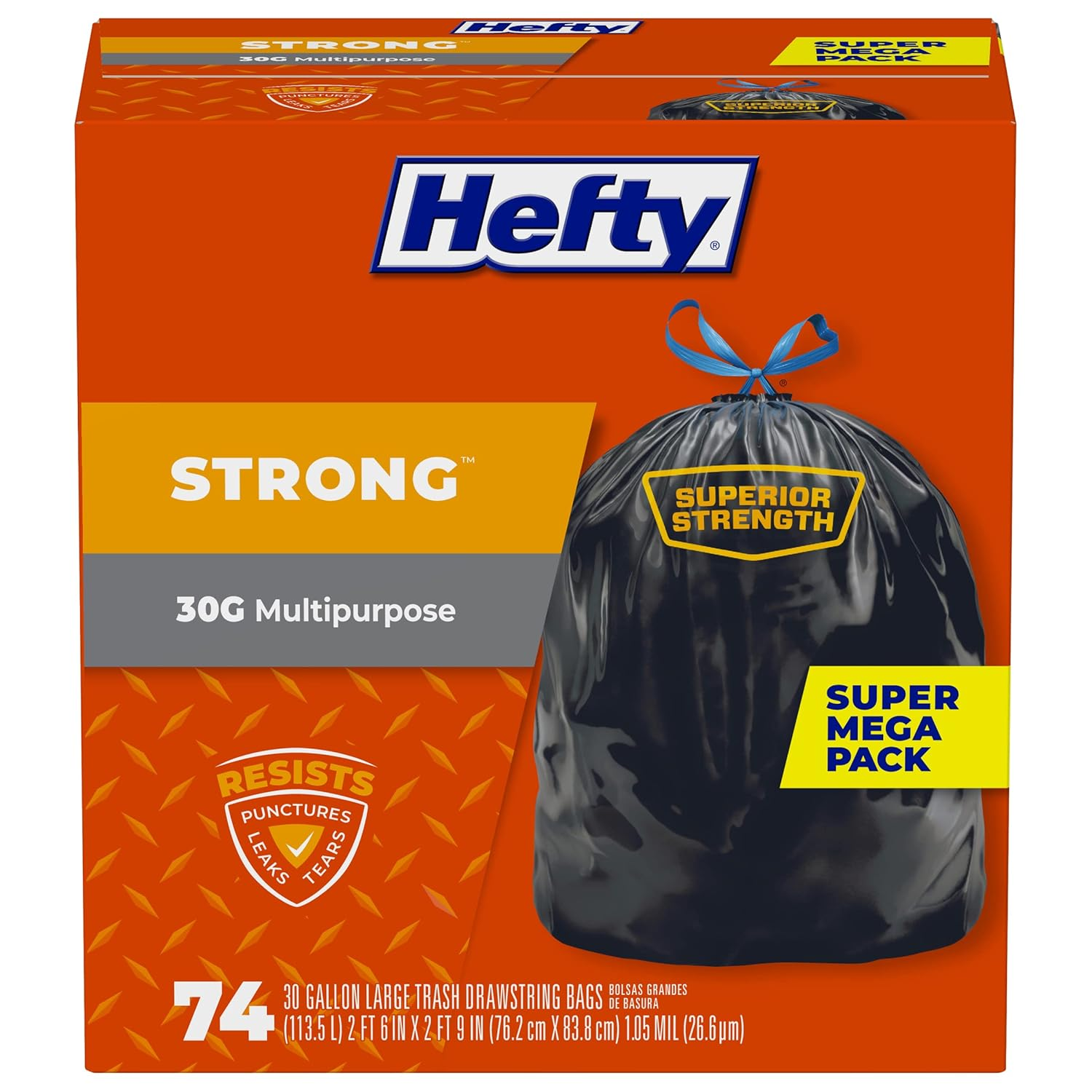 Hefty Strong Multipurpose Large Black Garbage Bags - 30 Gallon, 74 Count