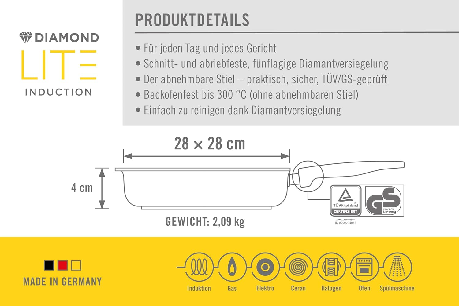 Woll Diamond Lite Detach Handle Induct Square Grill Pan 28Cm image number 2