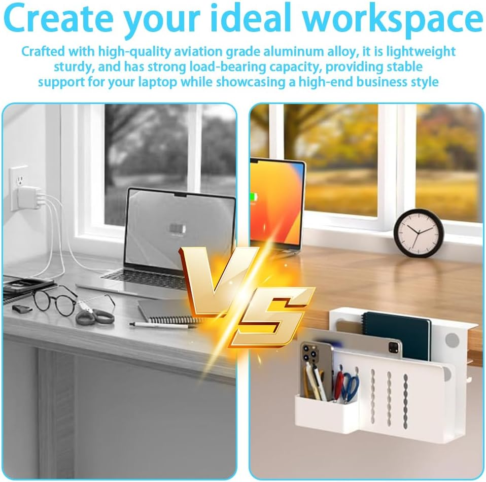 Desk Side Storage Organizer, No Drilling Desk Hanging Organizer Laptop Holder Aluminum Alloy Standing Desk Drawer Cable Management Tray for Office, School, Home image number 6