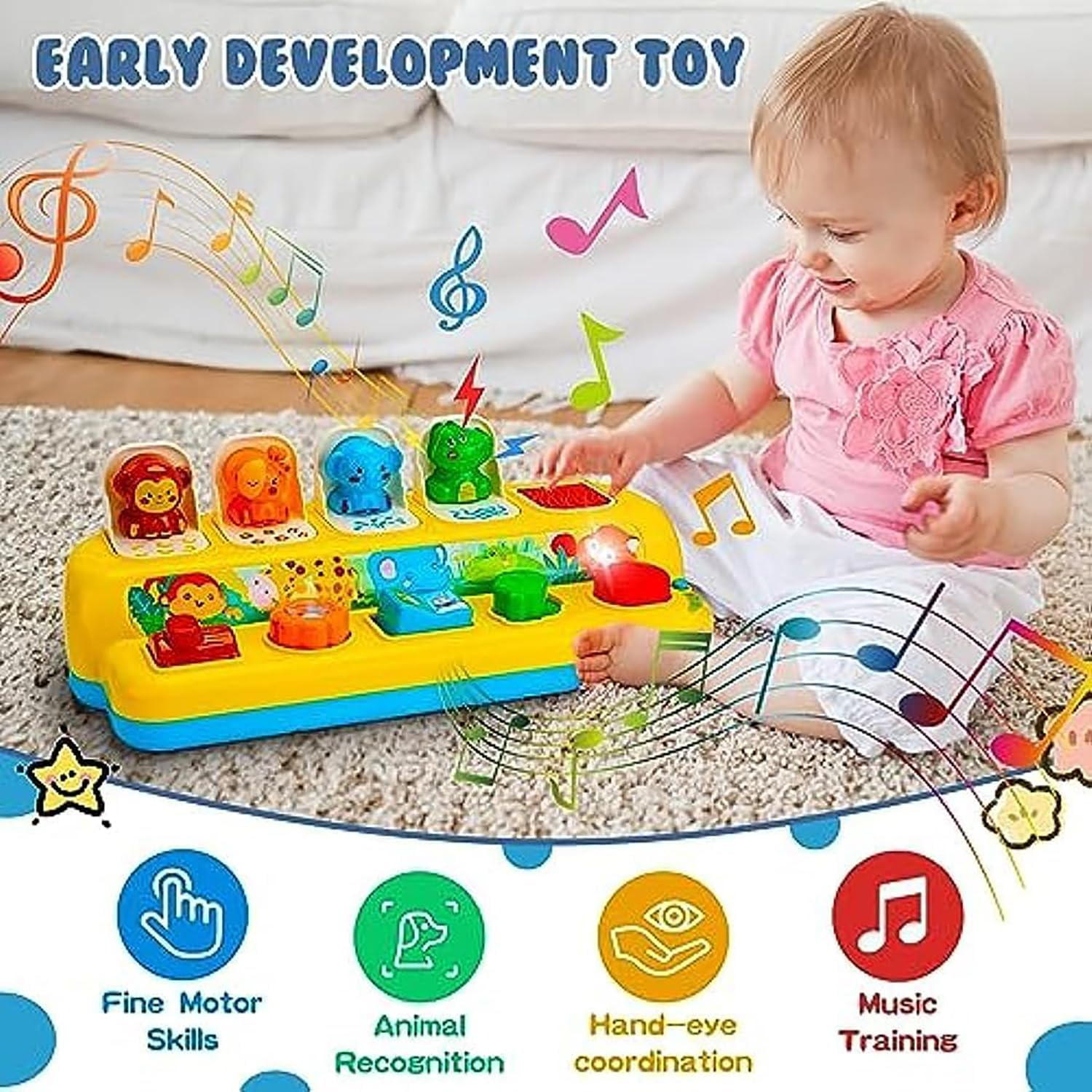 Interactive Pop up Animal Toys with Music & Light, Montessori Cause and Effect Toys for 1 Year Old Boy Girl Early Learning Musical Baby Toys 9-12-18 Months STEM Toddler Toys Age 1-2 Infant image number 3
