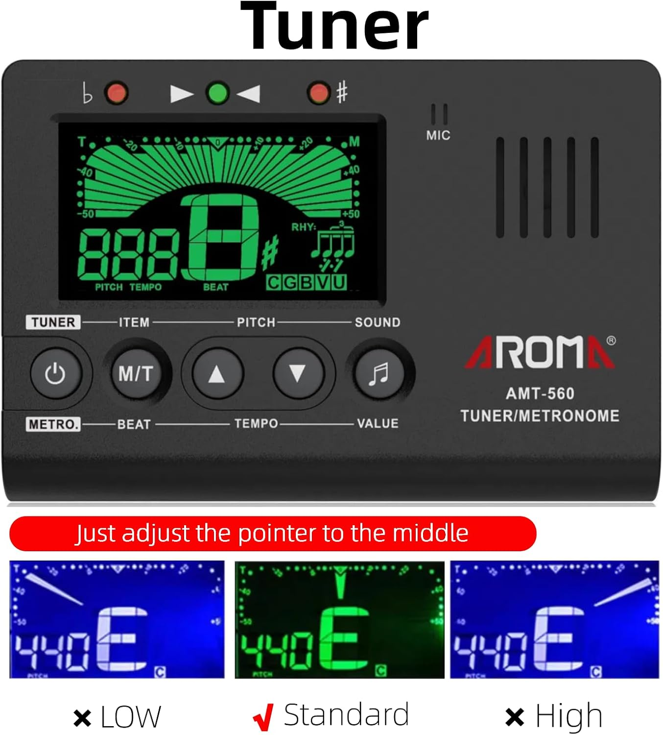 Ulumac Aroma 3 in 1 Metronome Tuner for All Instruments - Guitar, Bass, Violin, Ukulele, Trumpet, Clarinet, Flute, Chromatic - Accurate Digital Tuner, Metronome, Tone Generator, Easy Operation image number 4
