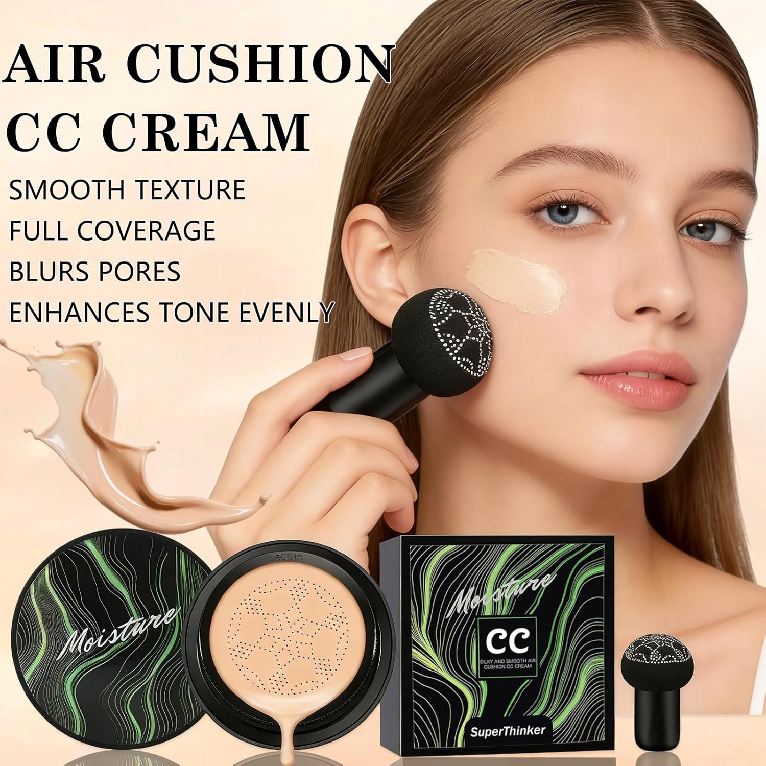 Air Cushion CC Cream Mushroom Head Foundation, Moisturizing BB Cream Makeup Long Lasting Matte Concealer (2 PCS Natural)