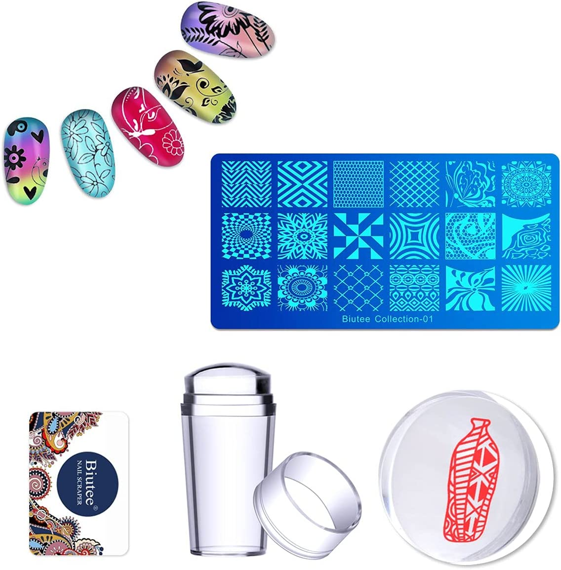 Biutee 19Pcs Nail Stamp Plates Set 15 Plate 1 Stamper 2 Scraper 1 Storage Bag Nails Art Stamping Plate Scraper Stamper Set Leaves Flowers Animal Nail Plate Template Image Plate