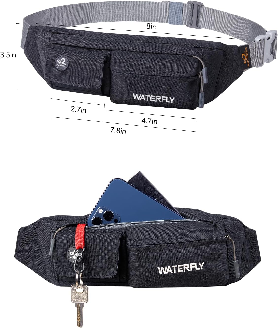 WATERFLY Fanny Pack for Women Men Water Resistant Small Waist Pouch Slim Belt Bag with 4 Pockets for Running Travelling Hiking Walking Lightweight Crossbody Chest Bag Fit All Phones&hellip; image number 5