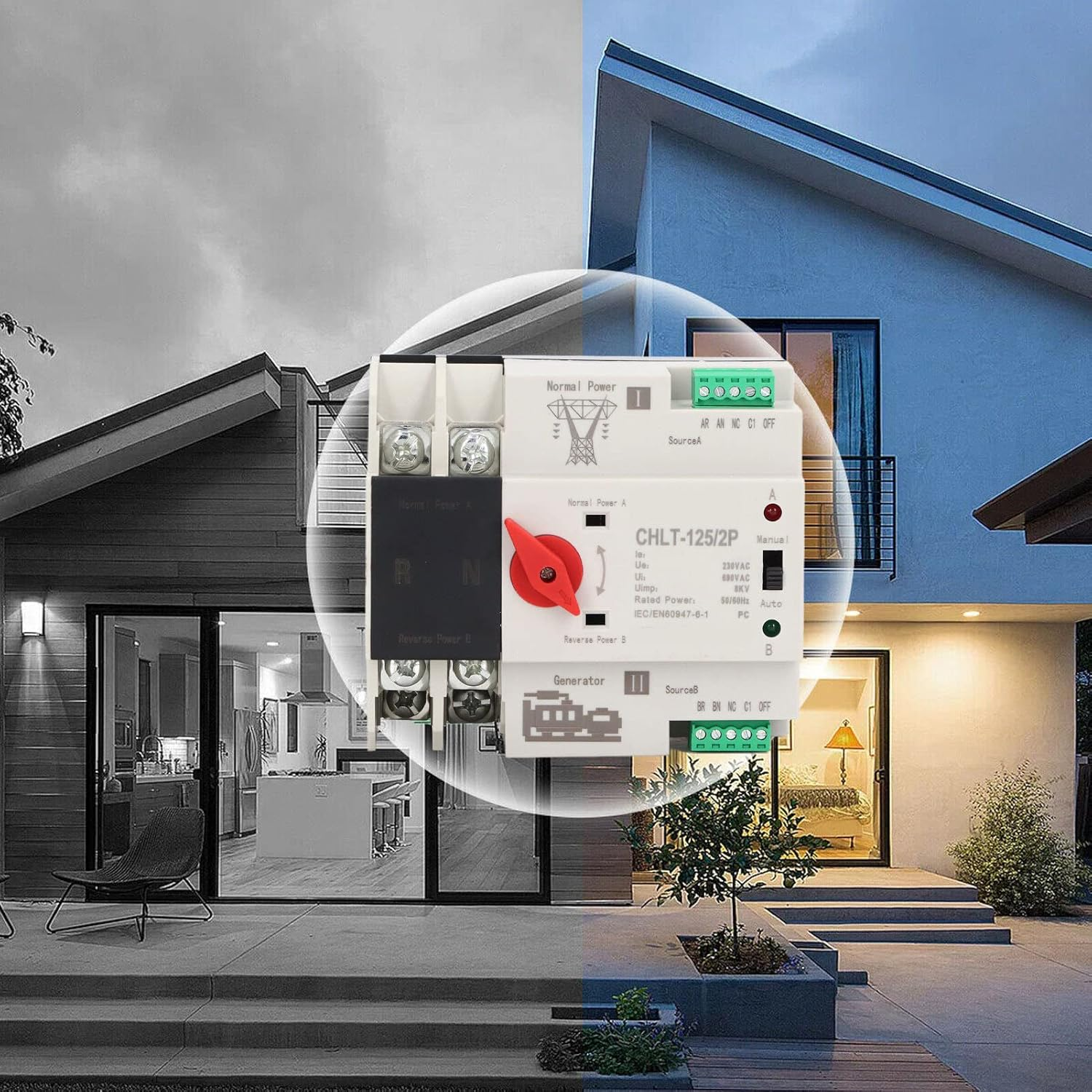 Dual Power Automatic Transfer Switch, CHLT-125/2P AC230V Millisecond Power Transfer Switch, High Sensitive Response Electronic Circuit Breaker Changeover Switch for Home (63A) image number 1