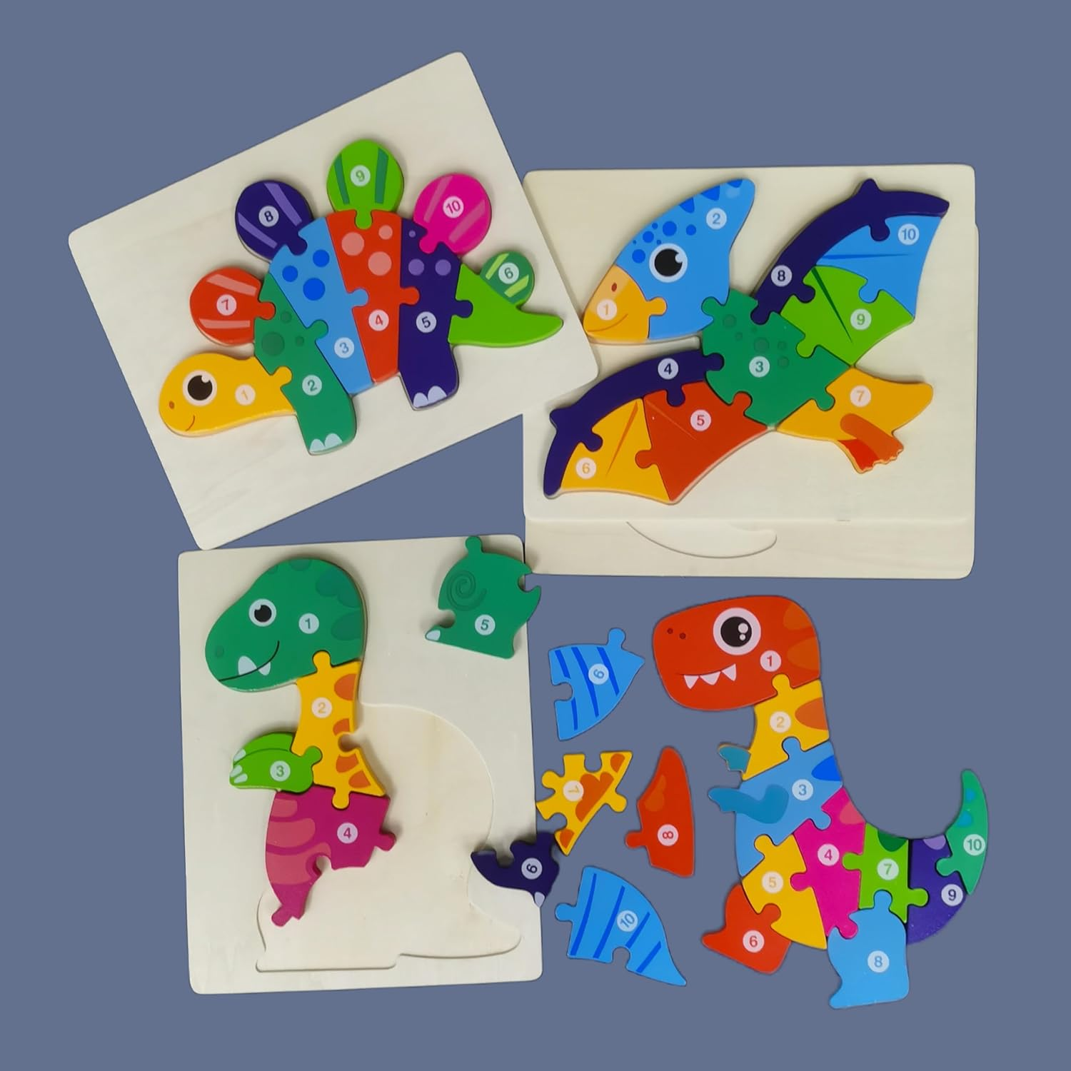 BEACENOV Toddler Puzzles,Set of 4,Large Wooden Dinosaurs Jigsaw Puzzle Toys for 2 3 4 5 Year Old Baby Boys Girls Gift,Montessori Preschool Learning Educational Toy [ Color & Shape Cognitive Skill ] image number 3