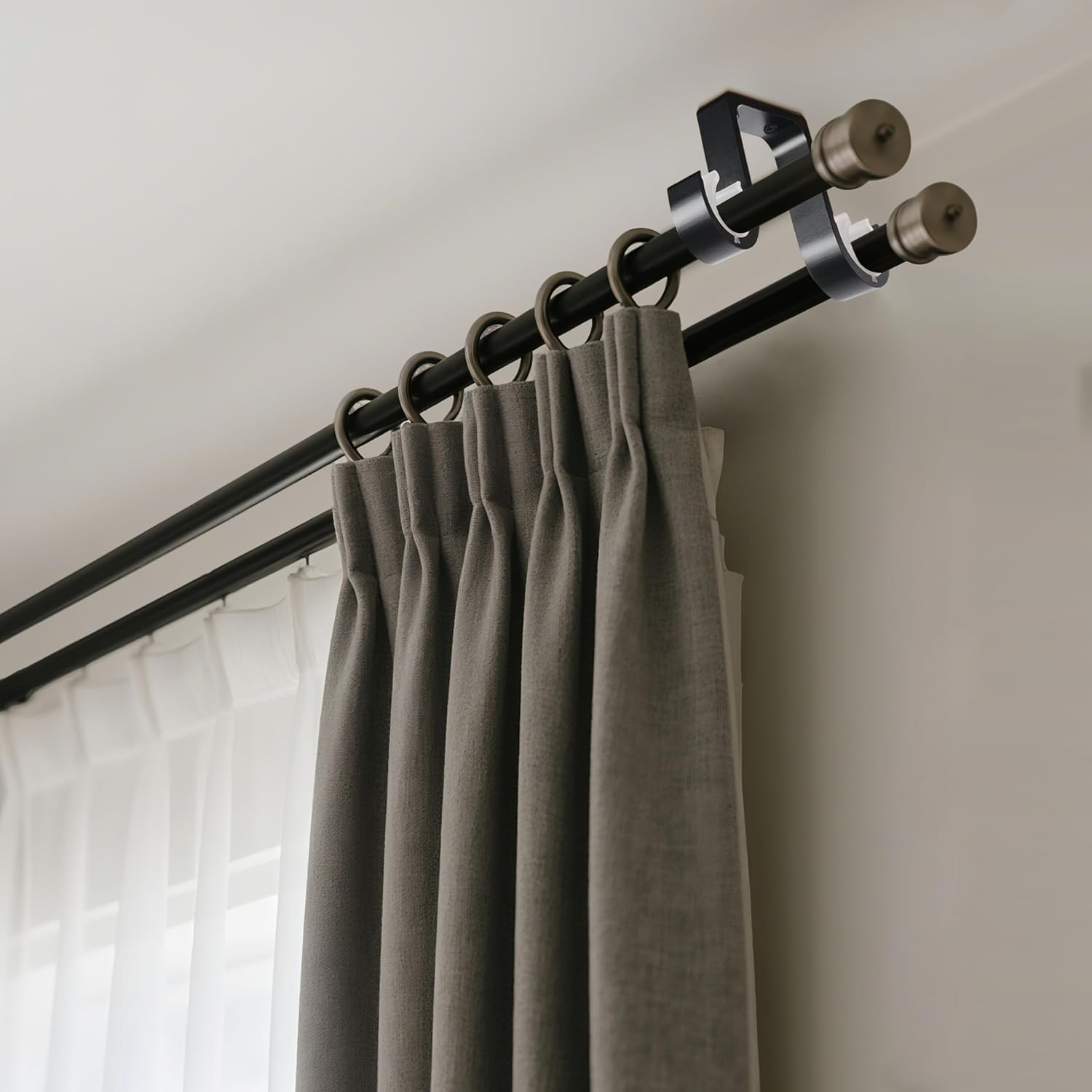Curtain Rod Brackets 2Pcs - Aluminum Alloy Ceiling Mounted Double Curtain Rod Brackets Black - Black image number 2