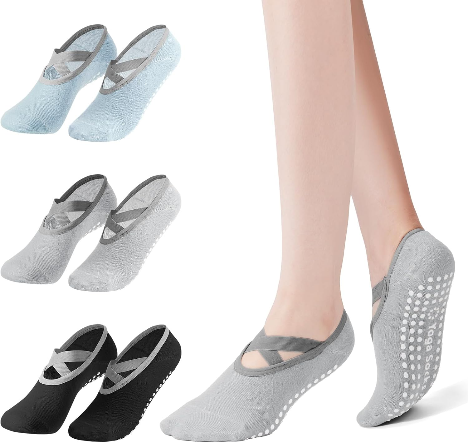 3 Pairs Pilates Socks with Cross-Straps for Women, Anti-Slip Pilates & Yoga Socks with Grips for Ygoa, Barefoot Exercises, Hospital, Indoor Workouts